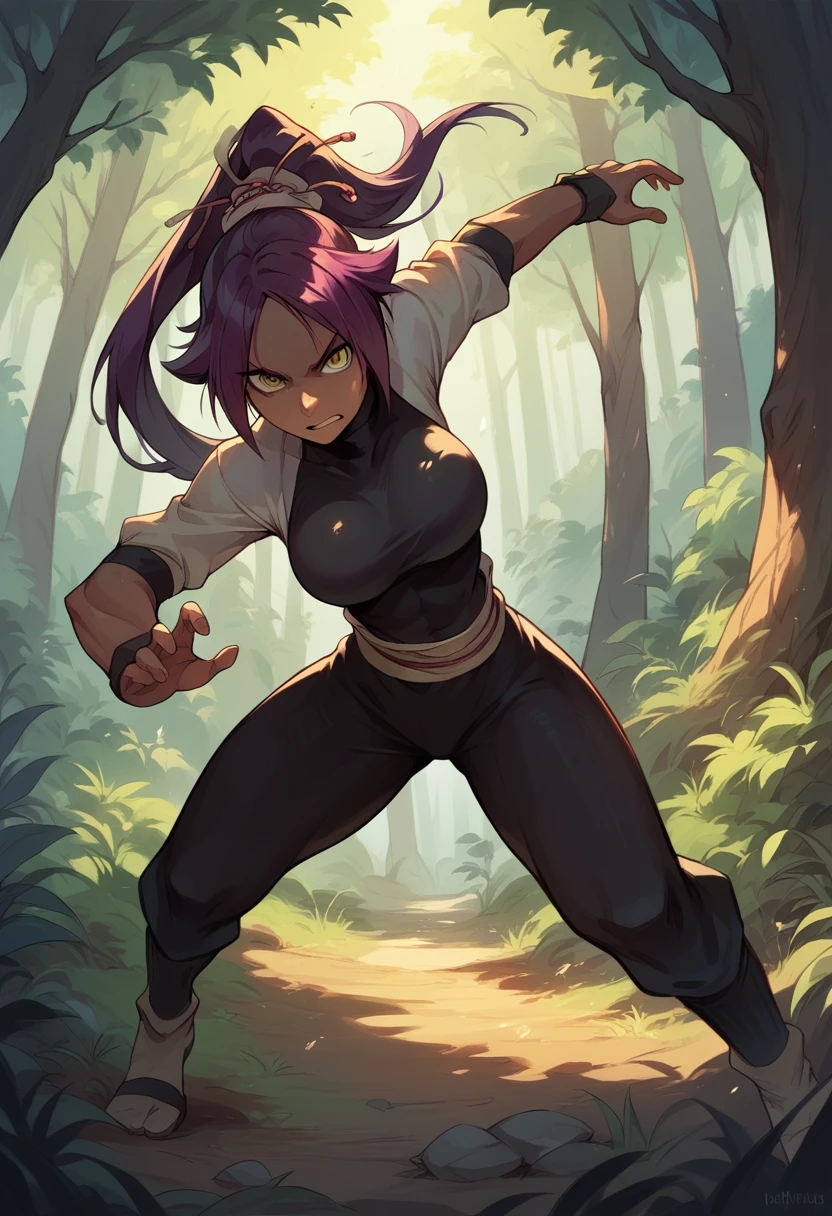 Yoruichi Shihoin, forest, looking at user, fighting pose