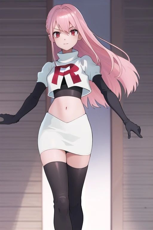 Masterpiece, Detailed, High quality, (absurdist), High Sharpness, High resolution, maiddoll, 1girls, Solo, pink hair, cracked skin,team rocket,team rocket uniform,white skirt,red letter R,crop top,black thigh-highs,black elbow gloves