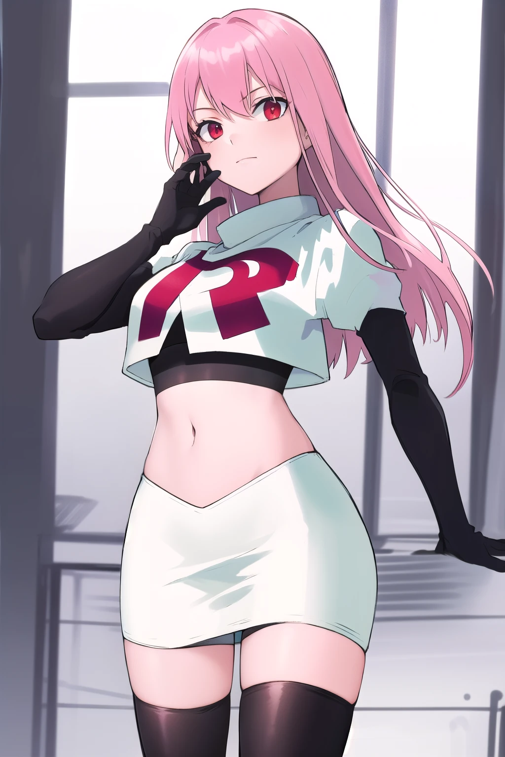 Masterpiece, Detailed, High quality, (absurdist), High Sharpness, High resolution, maiddoll, 1girls, Solo, pink hair, cracked skin,team rocket,team rocket uniform,white skirt,red letter R,crop top,black thigh-highs,black elbow gloves