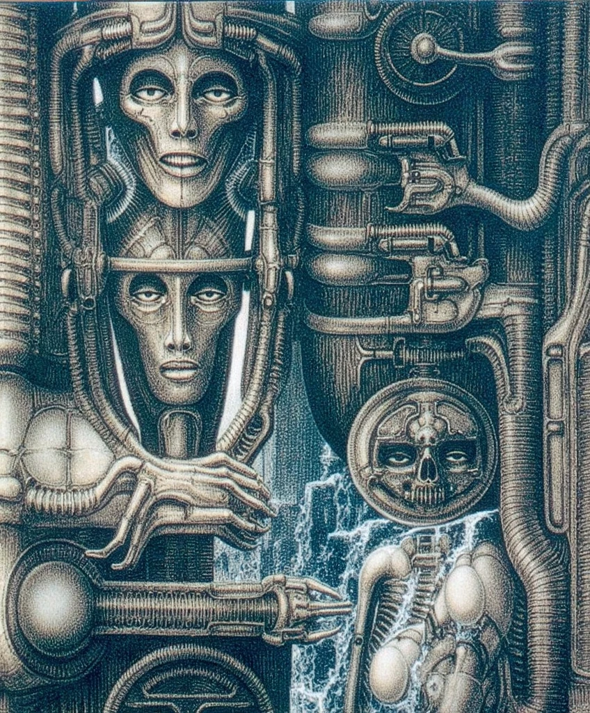 HRGGR, The image is a detailed view of H.R. Giger's biomechanical tableau \" HRG National parc I  \" plate, featuring a complex, intricate, and detailed design of endless Machine in the transit space over the cascade of fallen water, that appears to be a fusion of organic and mechanical elements, with a focus on the interplay between the two.The piece is a tableau, most likely created with a India ink pen or pencil on paper, determined by the thin lines, shading techniques, and the texture of the paper, which is visible around the edges. Used is pen, given the shading and variations in line weight visible in the image. Artist have used a variety of stylus with different degrees of hardness to achieve the shading effects. The use of undersaturated green-grays dark contrasts creates a stark and graphic look. Is used a variety of linework techniques to create different textures. Fine, parallel lines create a smooth, metallic texture,while thicker, more cursive lines suggest cables or wires. Light source from the top highlights skeletals, pper part of foreground, lower part of image is in shadowupper part of foreground, lower part of image is in shadow. The art performance showcases the artist’s skills in observation and rendering. The level of detail in the piece suggests a close study of real bone specimens and mechanics. The artist has skillfully used shading techniques to create a convincing illusion of three-dimensionality on a flat surface. The wrinkles and cracks in the surface, and the cast shadows with accuracy, used shading techniques to create a realistic depiction of light and shadow on the objects. This creates a sense of depth and dimension in the image. The artist has used careful linework to depict the contours and textures in the piece Sharp focus on foreground elements illustration. Deep and delicate DOF. Big painting. Stored in Louvre masterpiece, ooze soaked pajama top