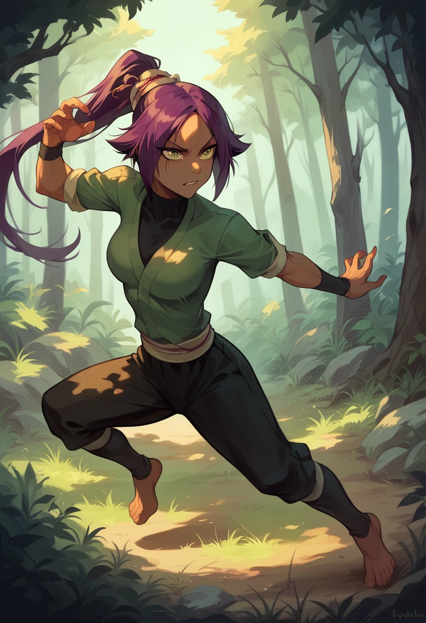 Yoruichi Shihoin, forest, looking at user, sparring pose