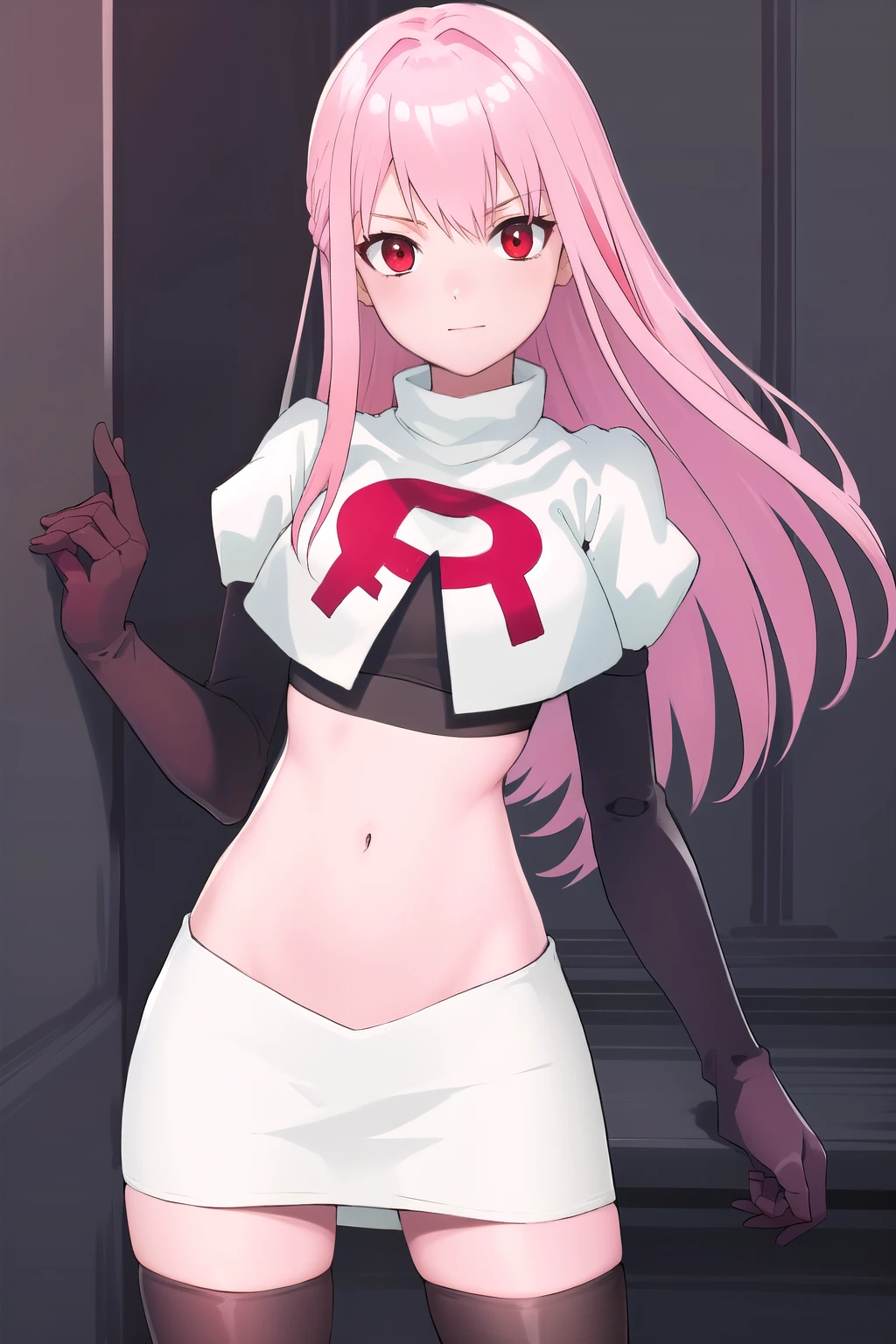 Masterpiece, Detailed, High quality, (absurdist), High Sharpness, High resolution, maiddoll, 1girls, Solo, pink hair, cracked skin,team rocket,team rocket uniform,white skirt,red letter R,crop top,black thigh-highs,black elbow gloves