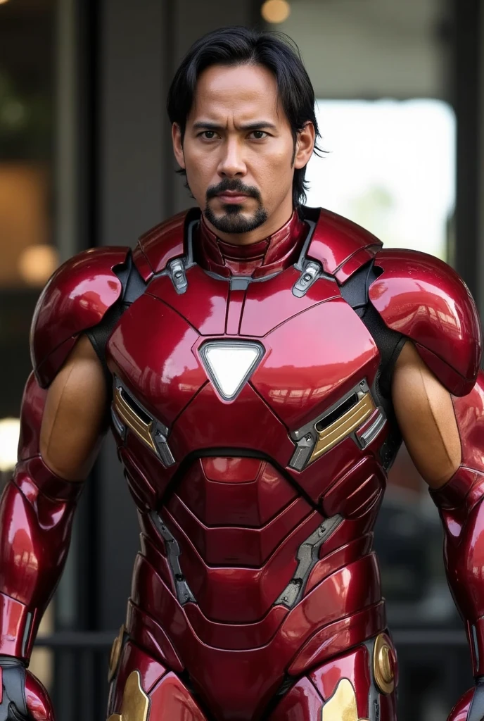 man wearing iron man costume,open mask helmet ,new armor. triangle lamp on chest. Red gold color,iron mark 85. iron machine marvel,big muscle armor,highly detailed,intricate details,cinematic lighting,dramatic shadows,metallic textures,realistic weathering,photorealistic,8k,award winning digital art. Tony stark beard. triangle reactor
