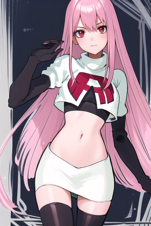 Masterpiece, Detailed, High quality, (absurdist), High Sharpness, High resolution, maiddoll, 1girls, Solo, pink hair, cracked skin,team rocket,team rocket uniform,white skirt,red letter R,crop top,black thigh-highs,black elbow gloves