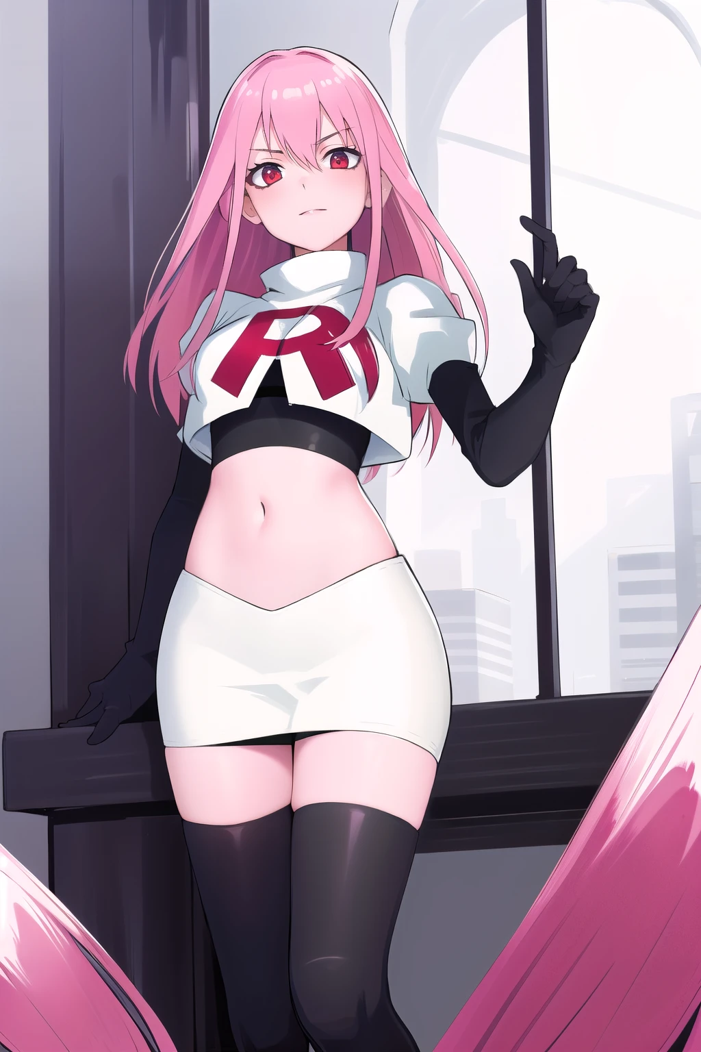 Masterpiece, Detailed, High quality, (absurdist), High Sharpness, High resolution, maiddoll, 1girls, Solo, pink hair, cracked skin,team rocket,team rocket uniform,white skirt,red letter R,crop top,black thigh-highs,black elbow gloves