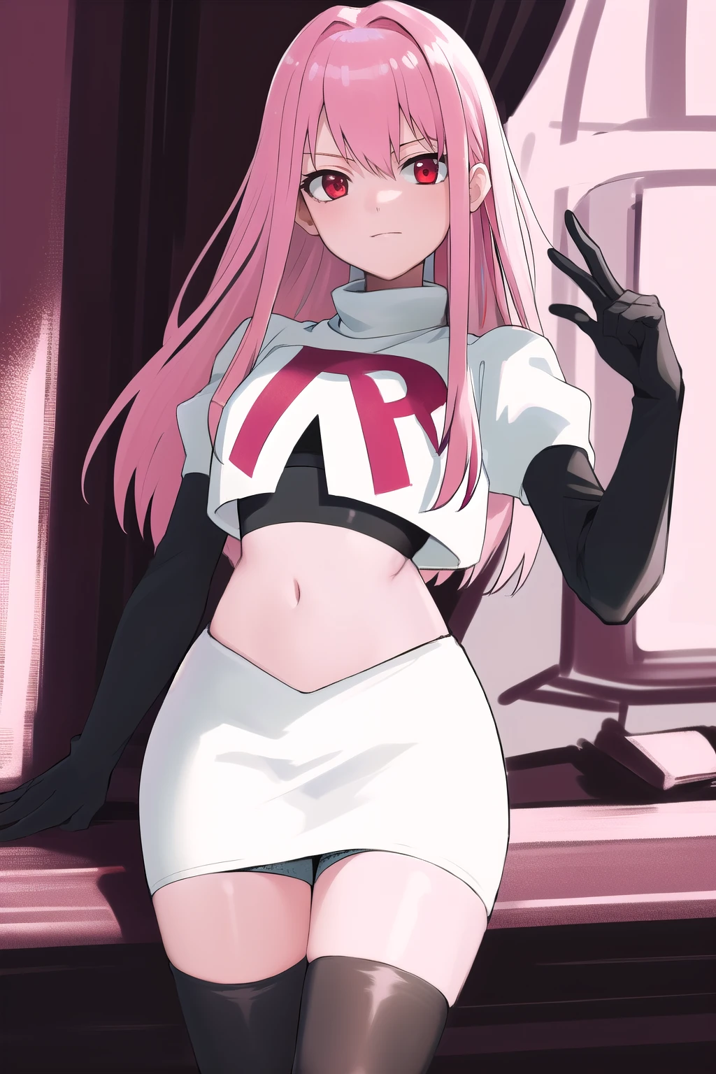 Masterpiece, Detailed, High quality, (absurdist), High Sharpness, High resolution, maiddoll, 1girls, Solo, pink hair, cracked skin,team rocket,team rocket uniform,white skirt,red letter R,crop top,black thigh-highs,black elbow gloves