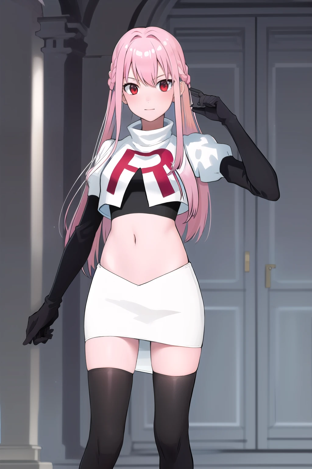 Masterpiece, Detailed, High quality, (absurdist), High Sharpness, High resolution, maiddoll, 1girls, Solo, pink hair, cracked skin,team rocket,team rocket uniform,white skirt,red letter R,crop top,black thigh-highs,black elbow gloves