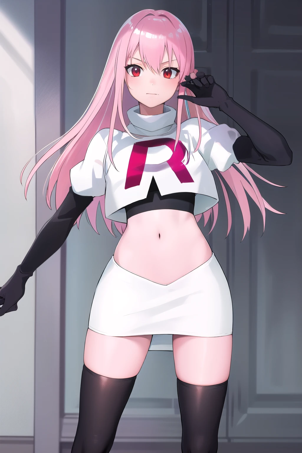 Masterpiece, Detailed, High quality, (absurdist), High Sharpness, High resolution, maiddoll, 1girls, Solo, pink hair, cracked skin,team rocket,team rocket uniform,white skirt,red letter R,crop top,black thigh-highs,black elbow gloves