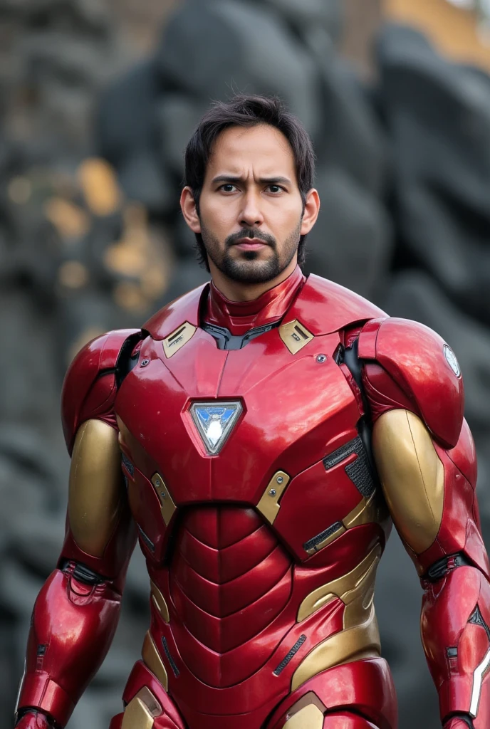 man wearing iron man costume,open mask helmet ,new armor. triangle lamp on chest. Red gold color,iron mark 85,big muscle armor,highly detailed,intricate details,cinematic lighting,dramatic shadows,metallic textures,realistic weathering,photorealistic,8k,award winning digital art. Tony stark beard. triangle reactor
