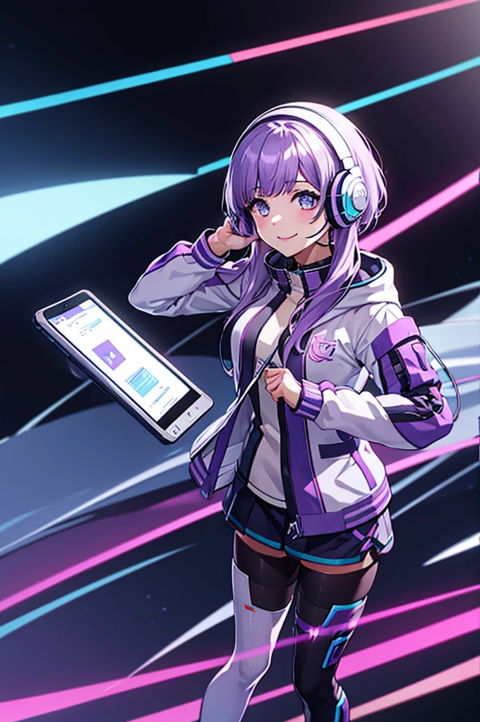 Thighs、tights、chest、smile、 light purple hair 、 1 girl、 solo girl 、income、 headphones、tablet device、mecha girl、 Hot Pants 