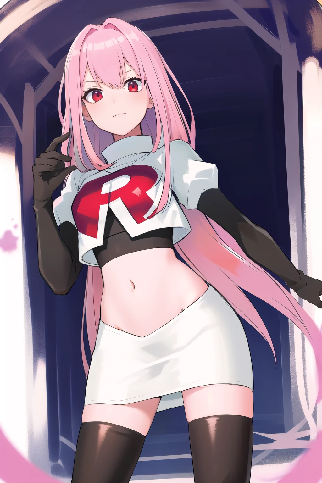 Masterpiece, Detailed, High quality, (absurdist), High Sharpness, High resolution, maiddoll, 1girls, Solo, pink hair, cracked skin,team rocket,team rocket uniform,white skirt,red letter R,crop top,black thigh-highs,black elbow gloves