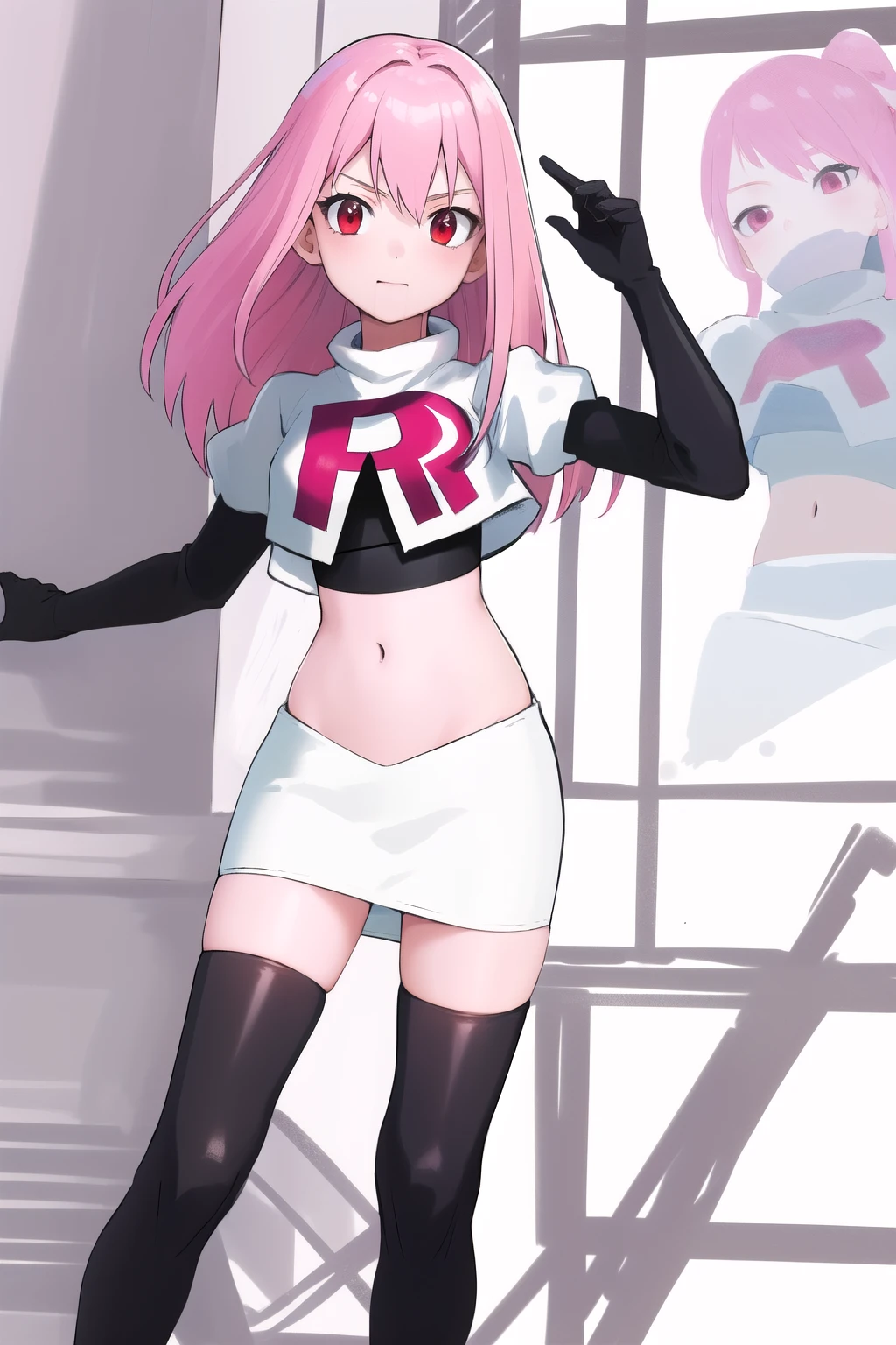 Masterpiece, Detailed, High quality, (absurdist), High Sharpness, High resolution, maiddoll, 1girls, Solo, pink hair, cracked skin,team rocket,team rocket uniform,white skirt,red letter R,crop top,black thigh-highs,black elbow gloves