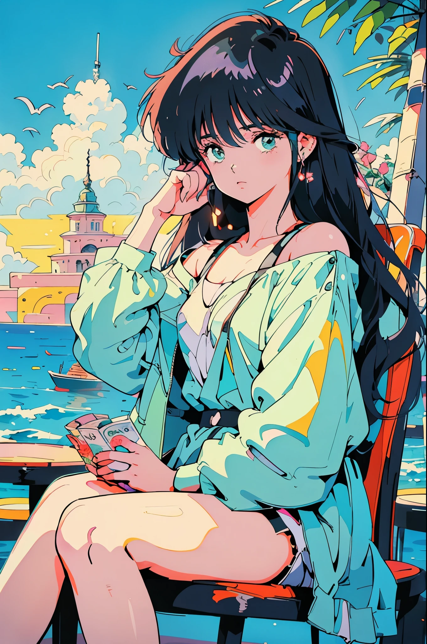 cartoon girl sitting at a chair with a magazine, cartoon style illustration, digital anime illustration, in the art style of bowater, in style of digital illustration, illustration style, beautiful illustration, cute detailed digital art, beautiful digital illustration, stunning art style, trending on artstration, proffesional illustration, cute digital art, procreate illustration, beautiful drawing style, masterpiece, 8K, highres, akemitakada, retro artstyle, from above, look at viewer, ayukawa madoka, flat