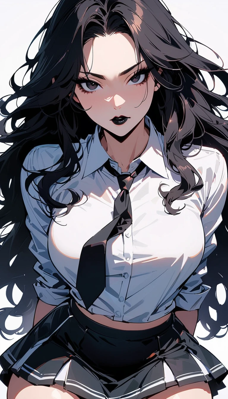 ( high quality , 8k, 4K, high contrast, :1.2, high quality , Better aesthetics), ( dynamic angle ), ((1 woman)), erotic, Sensual, mature body, super detailed, detailed beautiful face, beautiful detailed eyes, beautiful detailed mouth , corpo sexy, perfect breaths , perfect wide thighs , (pele caucasiana), ( long black hair ), (black eyes), (Black Lipstick), (black eyeshadow), (black eyeliner), ( serious and sexy expression ), (piercing gaze), ( wearing a white shirt with a black tie and a short black cheerleader skirt), (standing), (centered), (looking at viewer)