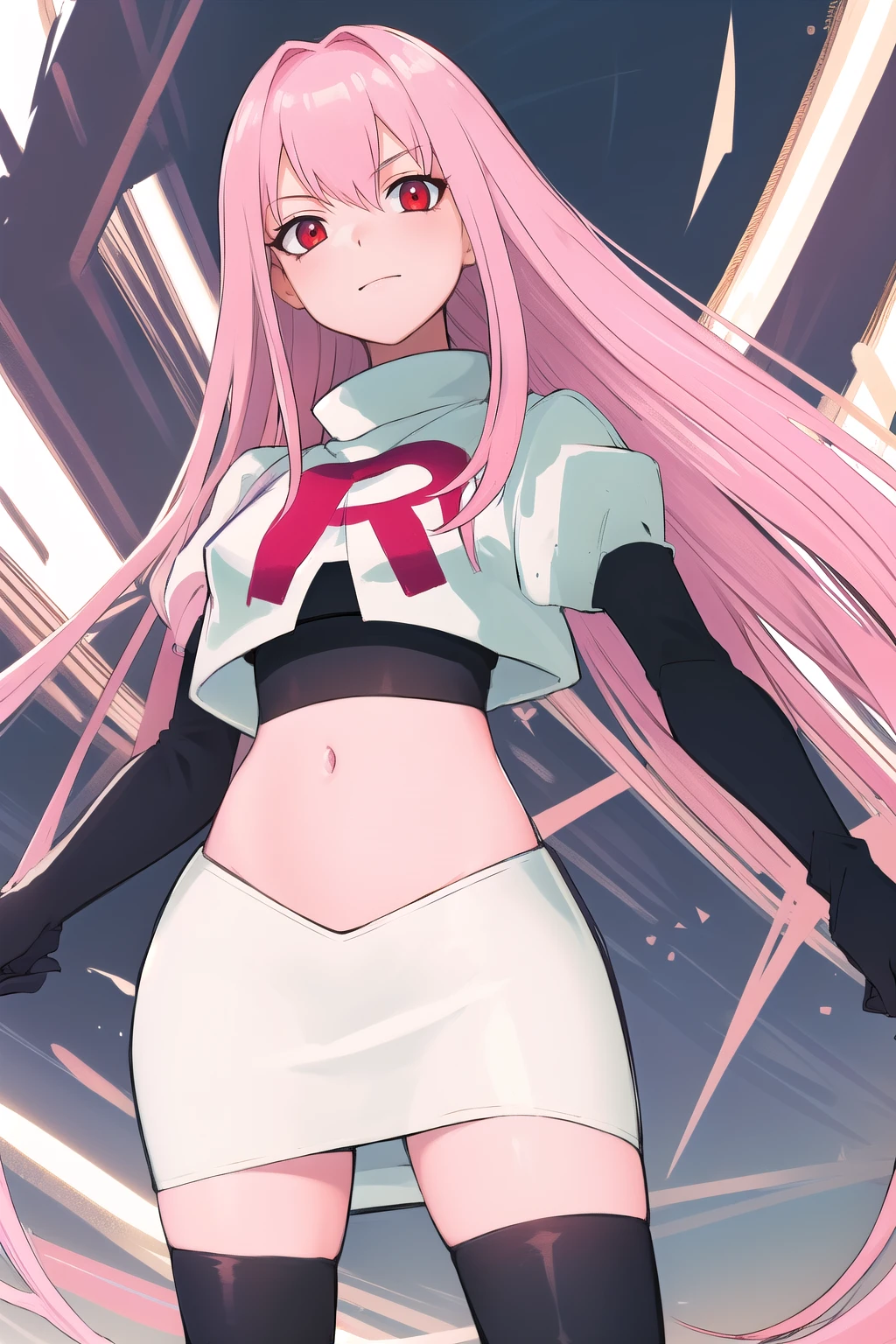 Masterpiece, Detailed, High quality, (absurdist), High Sharpness, High resolution, maiddoll, 1girls, Solo, pink hair, cracked skin,team rocket,team rocket uniform,white skirt,red letter R,crop top,black thigh-highs,black elbow gloves