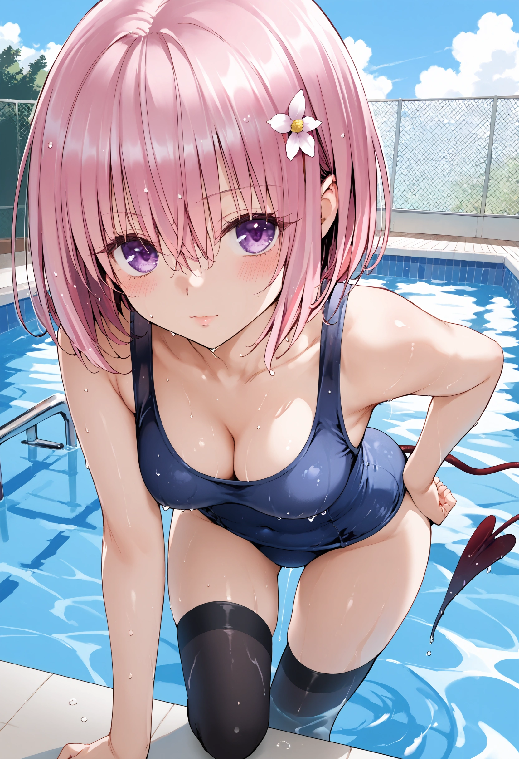 score_9, score_8_up, score_7_up, source_anime, screenshots, 1girl, momo velia deviluke, demon tail, hair flower, hair ornament, purple eyes, pink hair, short hair, tail,demon tail, thighhighs,school swimsuit, pool,blush,cowboy shot,wet,bent over,sexy, thigh strap, taiyaki, looking at viewer, blush,cleavage