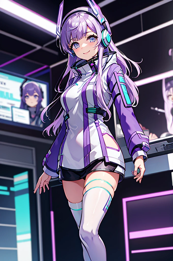 Thighs、tights、chest、smile、 light purple hair 、 1 girl、 solo girl 、income、 headphones、tablet device、mecha girl、 Hot Pants 