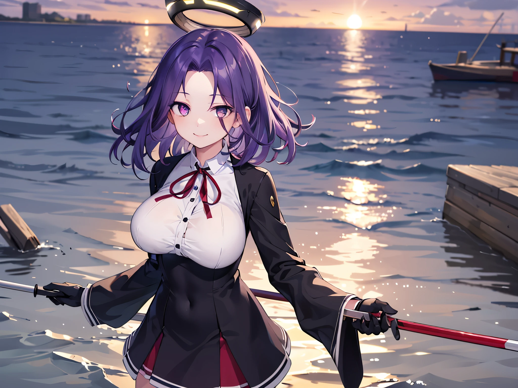 masterpiece, best quality, highres, mechanical halo, (big_breasts:1.2), black dress, neck ribbon, long sleeves, black gloves, outdoors, cowboy shot, standing, holding weapon, polearm,smile,,harbor_town_landscape,purple_halfeyes,(scornful eyes:1.4)