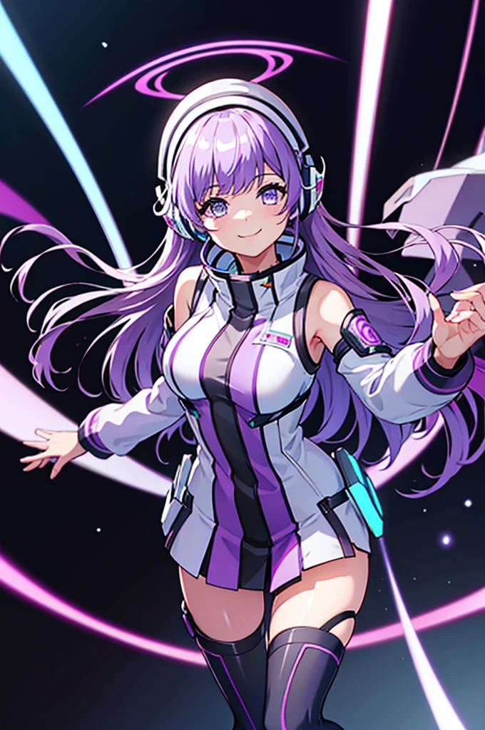 Thighs、tights、chest、smile、 light purple hair 、 1 girl、 solo girl 、income、 headphones、tablet device、mecha girl、 miniskirt 