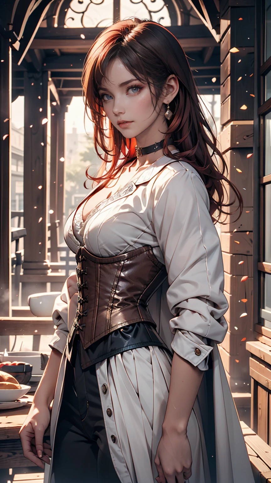  1 girl, Portrait of a beautiful donkey pex, Athletic ability,  white jacket , corset, skirt, pants,  Black Hair , Red Hair,  Had, compensate,  choker,  clevis,  wide hips ,   Volumetric Lighting  ,  best quality , masterpiece,  complicated details,  tone mapping ,  sharp concentration , Super detailed,  by artstation  , Realistic  