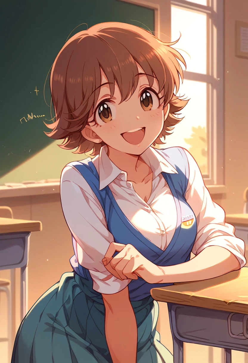 my Honda,  short brown hair , student, Talking to teacher, classroom, beautiful eyes, happy