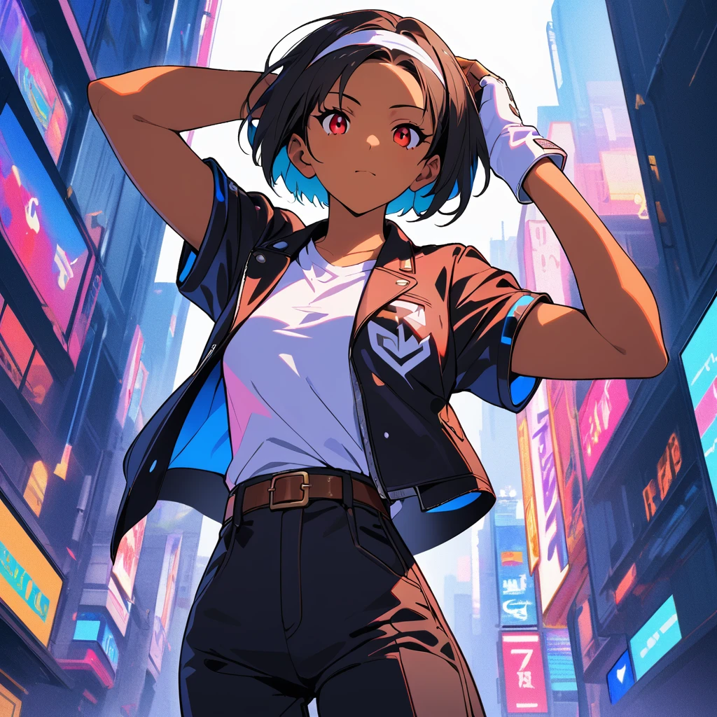 (Best Quality: 1.2, City Pop Style, Very Detailed, Latest, Lively, High Contrast, Masterpiece: 1.2, Top Quality, Top Aesthetics), girl, black short cut, dark skin, pastel colors, anime style, ((futuristic megacity, retro, vintage)), ((black jacket with arms rolled up)), ((white headband)), open jacket, white t-shirt, black pants, brown belt, black slacks, fingerless gloves, white sneakers, red black jacket with arms rolled up))), ((white headband)), jacket open, white t-shirt, black pants, brown belt, black slacks, fingerless gloves, white sneakers, red eyes, (sunglasses on head)).