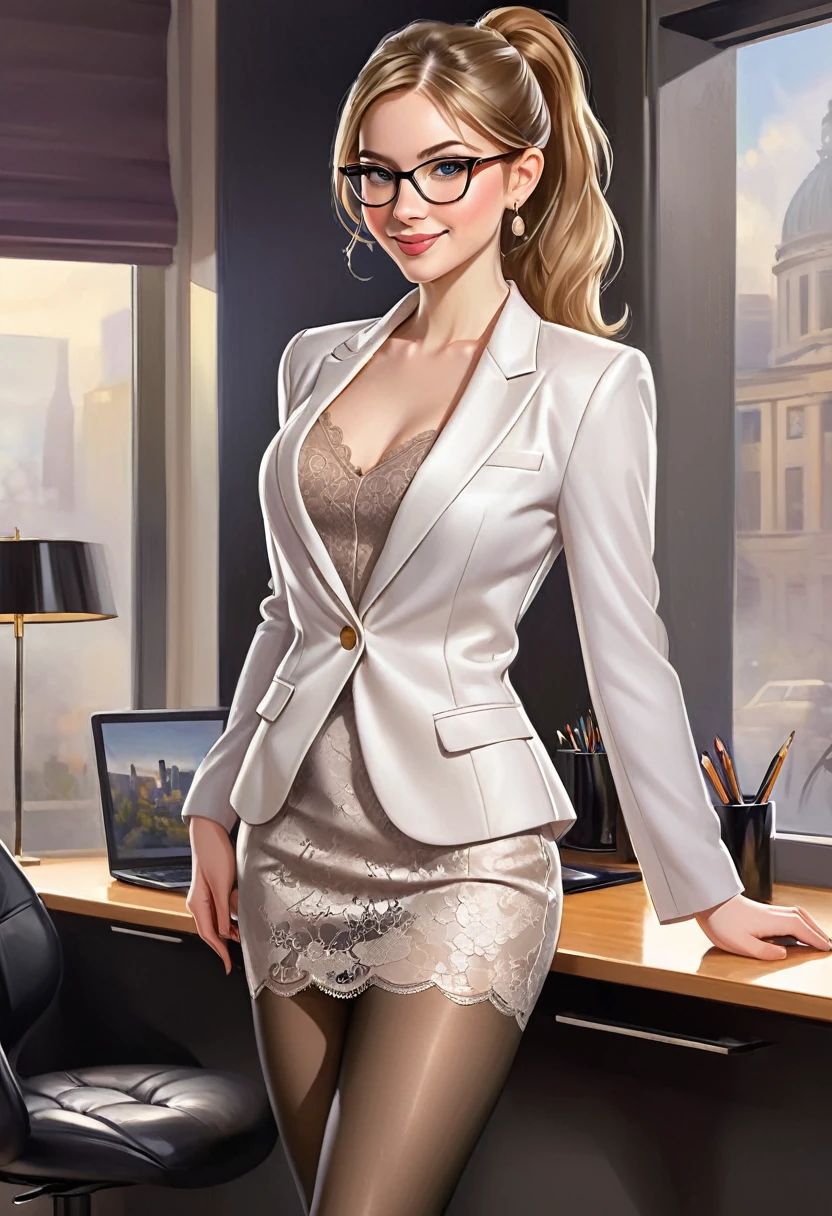 ((Realistic illustration:1.4)), ((full body:1.4)).Sexy 29 yo English woman with light brown hair with honey blonde highlights, hazel eyes, small natural breasts, amazing figure, perfect ass,((very pale:1.4)),. sweet smile. smoky eye, mascara, natural lip gloss, earrings, high heels, blazer, sheer lace top, pencil skirt, sexy professional, eyeglasses, ponytail, pantyhose