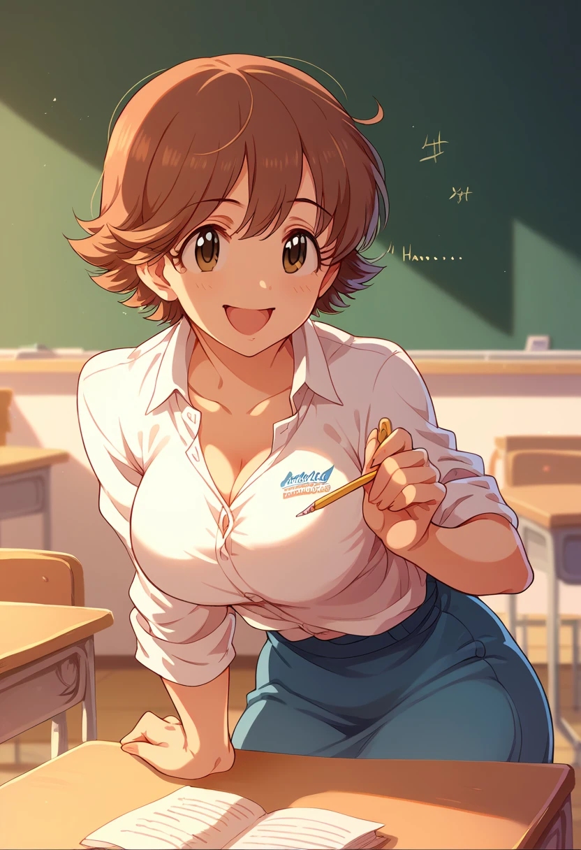 my Honda,  short brown hair , student, Talking to teacher, classroom, beautiful eyes, happy,  slightly larger breasts