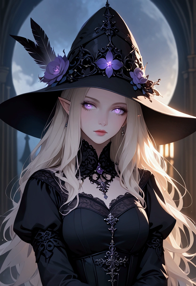 masterpiece, high quality, dark cinematic lighting, moonlight, cold colors, digital, anime, medieval, dark fantasy, smooth linework, close up, textured clothing, textured skin, beautiful face, beautiful lavender eyes, a woman with pale skin, curvy body pointed ears, platinum blonde hair, long hair, wearing a royal gothic black dress, long sleeve dress, wide brimmed hat, black hat, feather in hat, she stands with her arms folded in a dark castle, at night