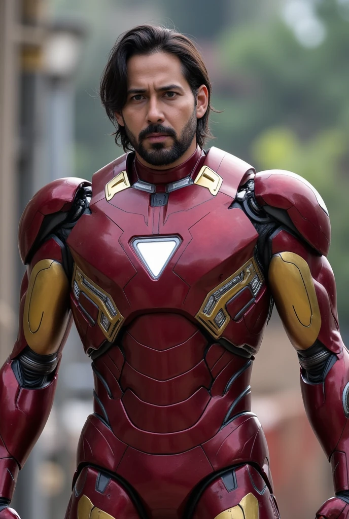 man wearing iron man costume,open mask helmet ,new armor. triangle lamp on chest. Red gold color,iron mark 85,big muscle armor,highly detailed,intricate details,cinematic lighting,dramatic shadows,metallic textures,realistic weathering,photorealistic,8k,award winning digital art. Tony stark beard. triangle reactor
