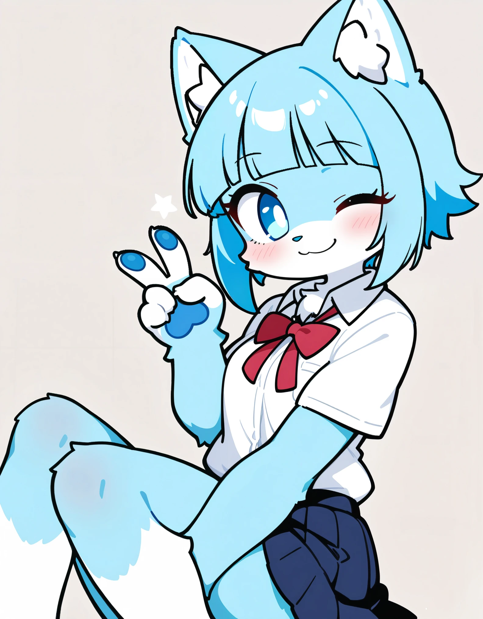 cute furry blue cat girl, blue hair, white fur, two tone fur, blunt bangs, short hair, light blue eyes, chest tuft,

small breasts, wide chest,

school uniform, school uniform skirt,

smile, wink, v sign,

knees up body,
simple background, best quality, ultra-detailed,