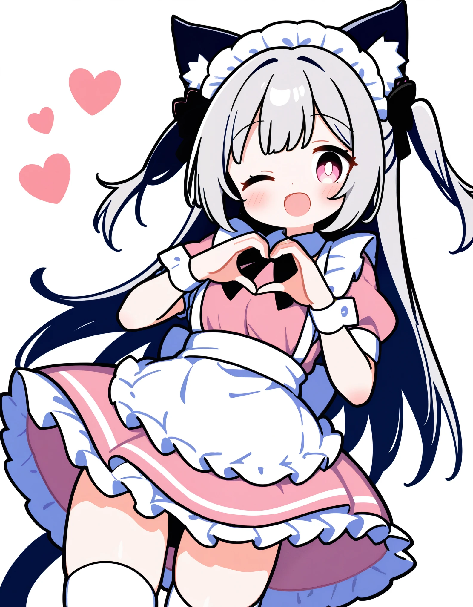 1girl, solo, long hair, breasts, looking at viewer, blush, bangs, simple background, thighhighs, white background, dress, bow, animal ears, very long hair, tail, short sleeves, grey hair, heart, frills, one eye closed, puffy sleeves, cat ears, apron, white thighhighs, two side up, puffy short sleeves, cat tail, animal ear fluff, wrist cuffs, maid, maid headdress, frilled dress, cat girl, pink dress, white apron, frilled apron, heart hands, :d, cute_style