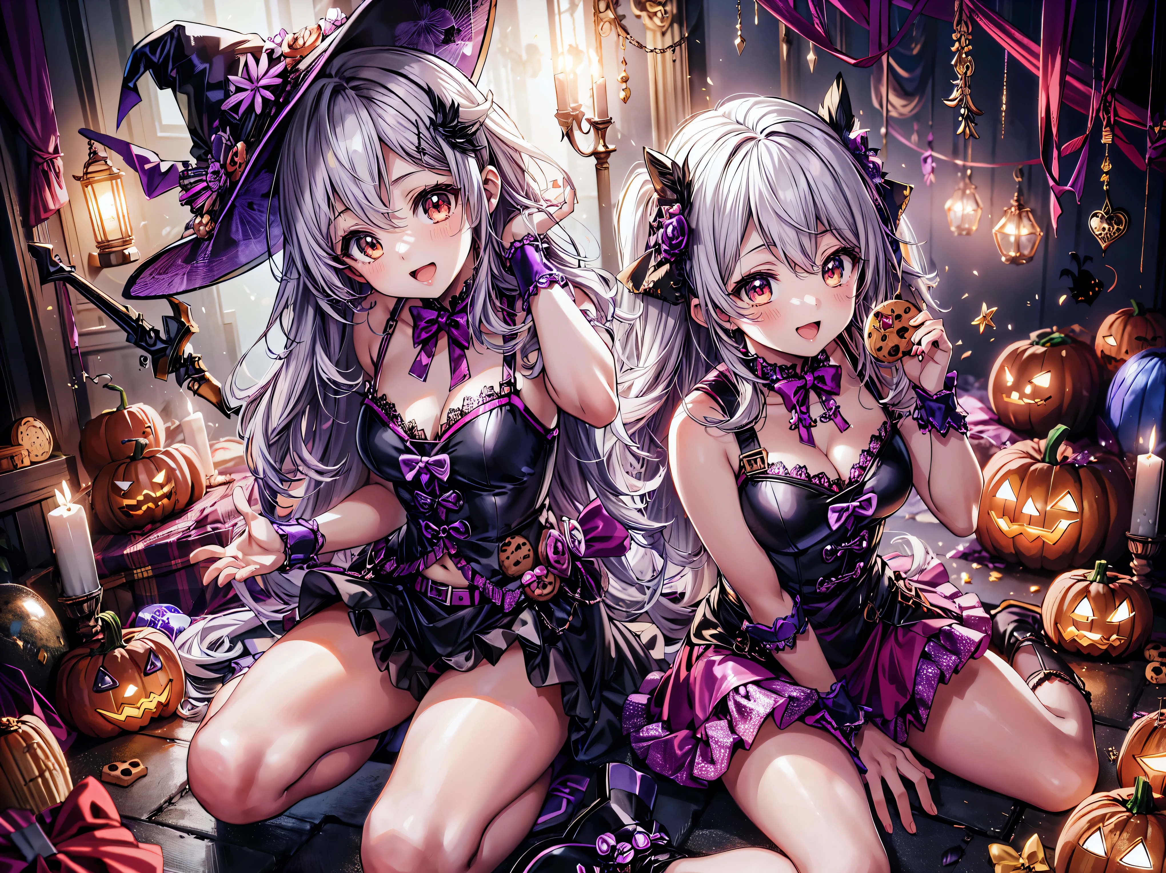 (( super high image quality )), ((Super detailed)), ((Best Quality)), Young woman,  Halloween , witch, witch's hat, lanthanum, 🎃, ((sweets, candy, cookie)), 
BREAK 
wavy hair, happy smile, from front, sitting, (((Complete Hand))),  amazing digital paint , (anime moe art style:1.3),