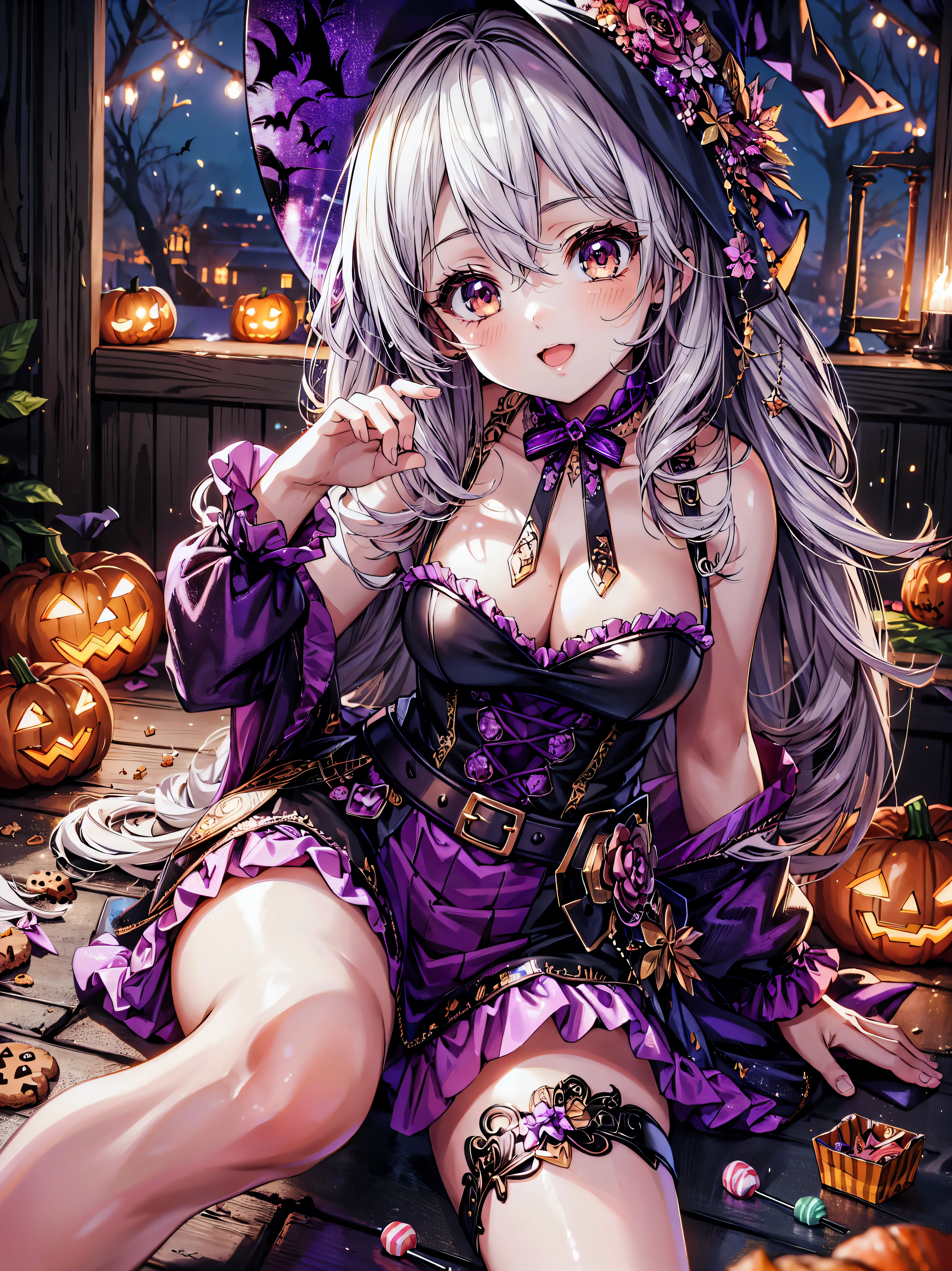 (( super high image quality )), ((Super detailed)), ((Best Quality)), Young woman, Halloween , witch, witch's hat, lanthanum, 🎃, ((sweets, candy, cookie)),
BREAK
wavy hair, happy smile, from front, sitting, (((Complete Hand))), amazing digital paint , (anime moe art style:1.3),