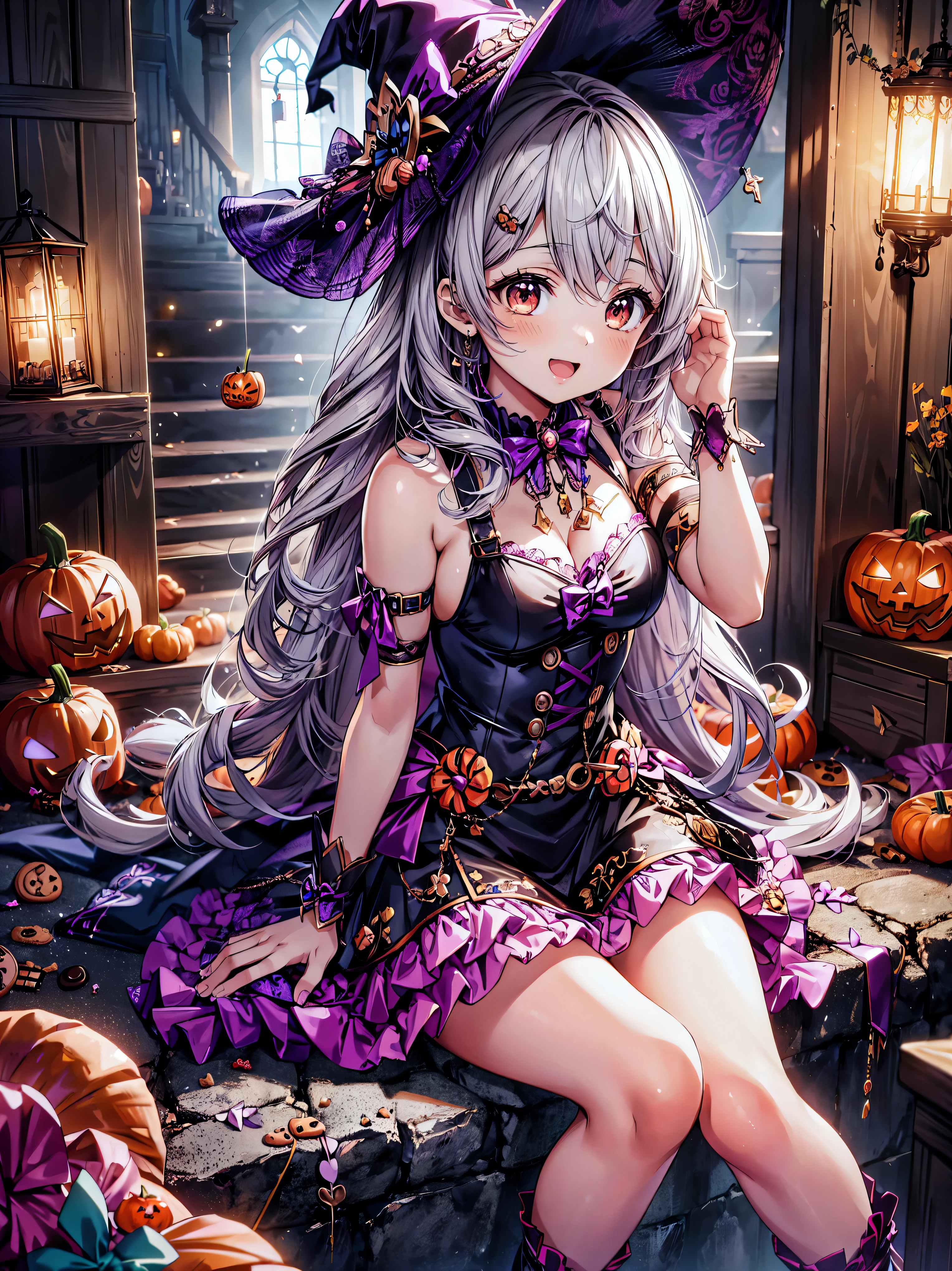 (( super high image quality )), ((Super detailed)), ((Best Quality)), Young woman,  Halloween , witch, witch's hat, lanthanum, 🎃, ((sweets, candy, cookie)), 
BREAK 
wavy hair, happy smile, from front, sitting, (((Complete Hand))),  amazing digital paint , (anime moe art style:1.3),