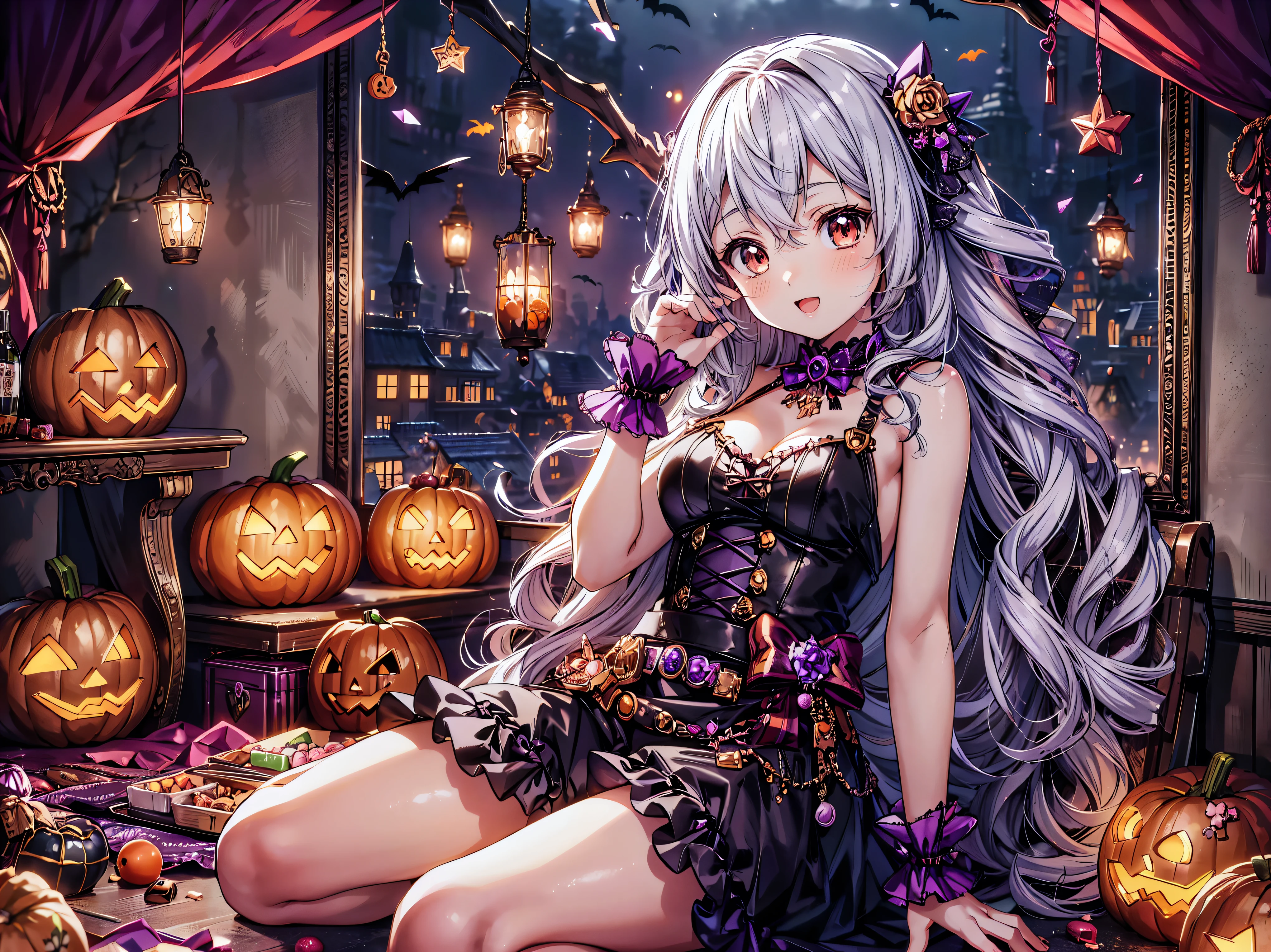 (( super high image quality )), ((Super detailed)), ((Best Quality)), Young woman,  Halloween , witch, witch's hat, lanthanum, 🎃, ((sweets, candy, cookie)), 
BREAK 
wavy hair, happy smile, from front, sitting, (((Complete Hand))),  amazing digital paint , (anime moe art style:1.3),