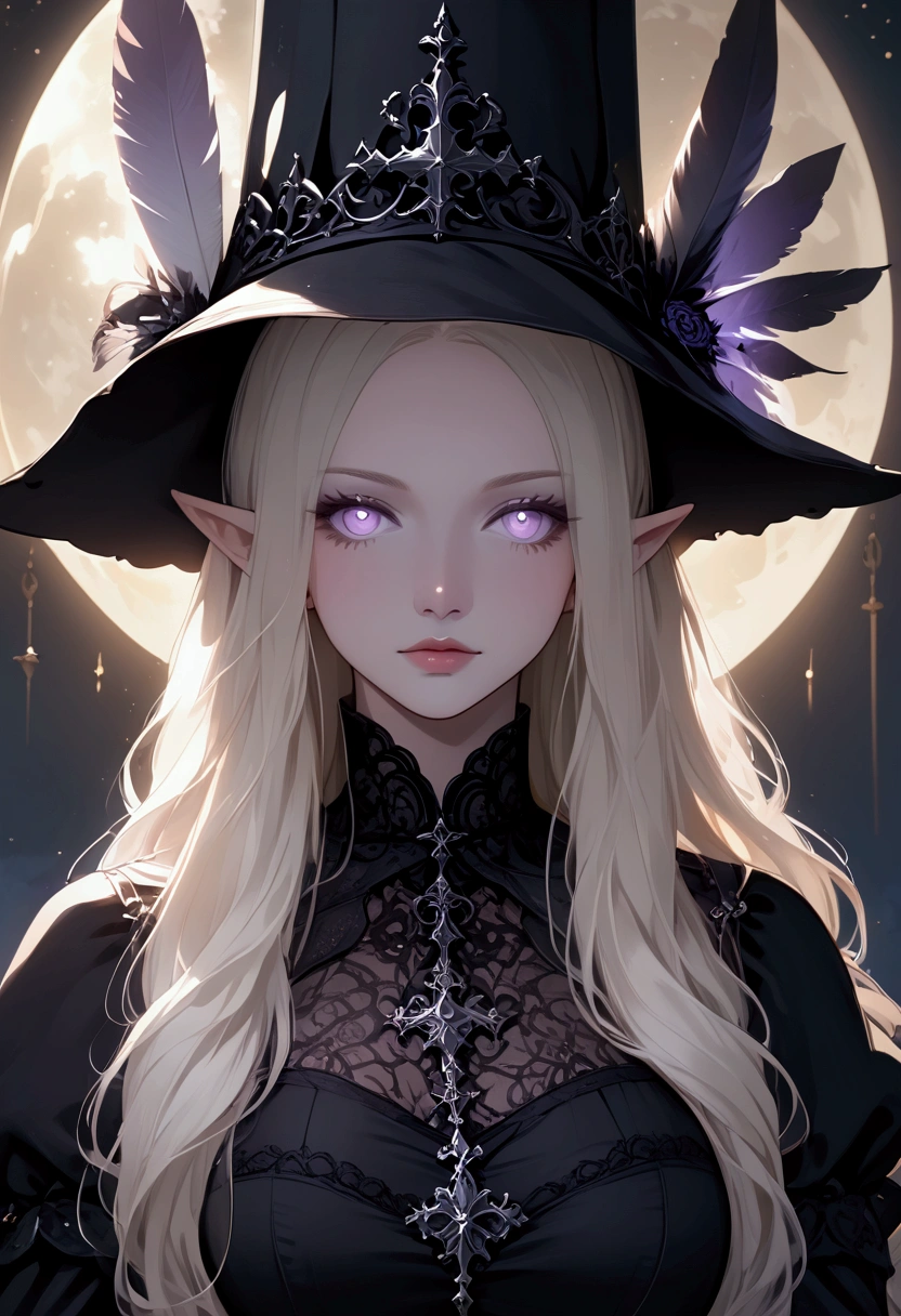 masterpiece, high quality, dark cinematic lighting, moonlight, cold colors, digital, anime, medieval, dark fantasy, smooth linework, close up, textured clothing, textured skin, beautiful face, beautiful lavender eyes, a woman with pale skin, curvy body pointed ears, platinum blonde hair, long hair, wearing a royal gothic black dress, long sleeve dress, wide brimmed hat, black hat, feather in hat, she stands with her arms folded in a dark castle, at night