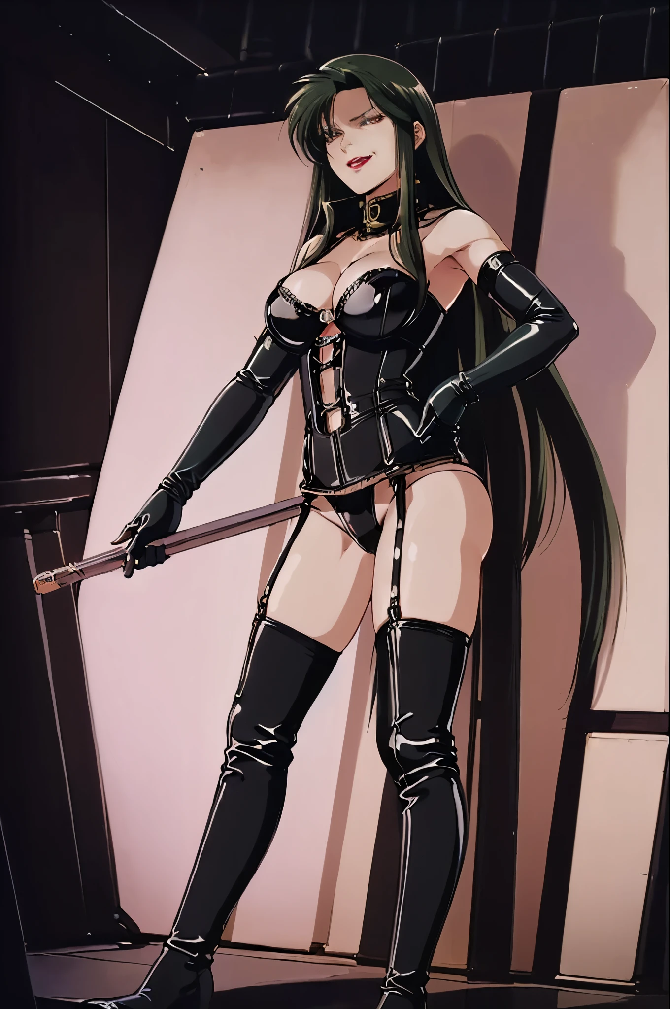 ((Leg spread)))、、 queen 、spouse、(((1 person)))、(((Alone:1.8)))、((( black latex elbow length gloves :1.4 )))、(((Black latex bustier:1.4)))、((( bra decorated with beautiful lace.)))、((( bustier with shoulder straps )))、((( black latex tight miniskirt :1.4)))、((( black latex high leg panties :1.4)))、((( Black Thigh High Boots )))、(((Black rubber tights:1.2 )))、(((Stiletto heel boots:1.4)))、(((black latex bra)))、(((Red leather collar)))、((( sexy pose:1.4 )))、Wide leg:1.2、((( erotic )))、((( cowboy shot)))、close-up、Two perfect anatomical arms、Two perfect anatomical legs、 Four perfect fingers and one thumb 、Detailed face、Detailed eyes、masterpiece、、 Super High Quality 、 Inside an ultra-high resolution 8K  、 alone girl indoors 、 near-future spaceship 、Garage roof、Adult female、(((Dark green hair)))、(((Long straight hair)))、Dark Eyes、lipstick、  Staring at the Audience  、 evil smile、Grin:1.4、Cold Stare、