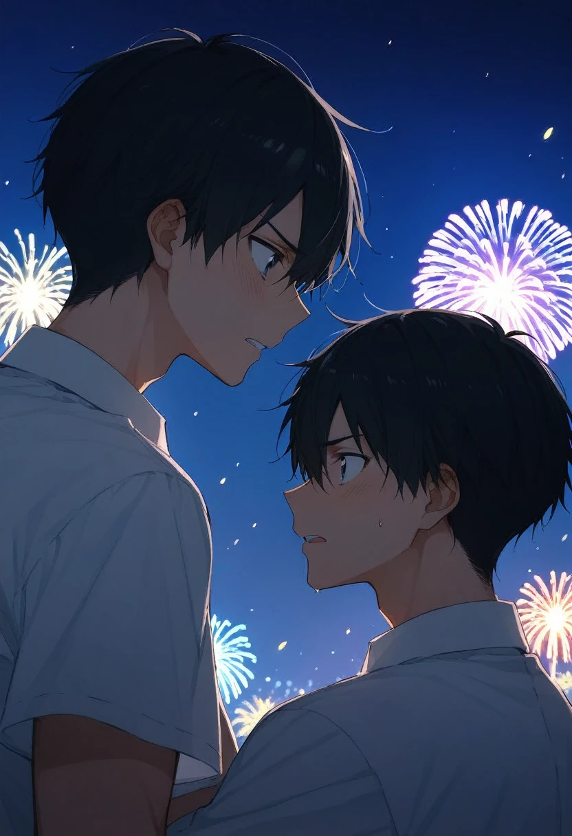 There are 2 men 。 The first man is a man like Kazuto Kirigaya and tall with dark hair、White shirt and black slacks  、Is confessing his love。The other man is shy with a man like Aether 。The situation is a first date between men 。 scene faces each other with fireworks in the background。High quality anime illustration 。 The colors are dramatic production that emphasizes contrast 。