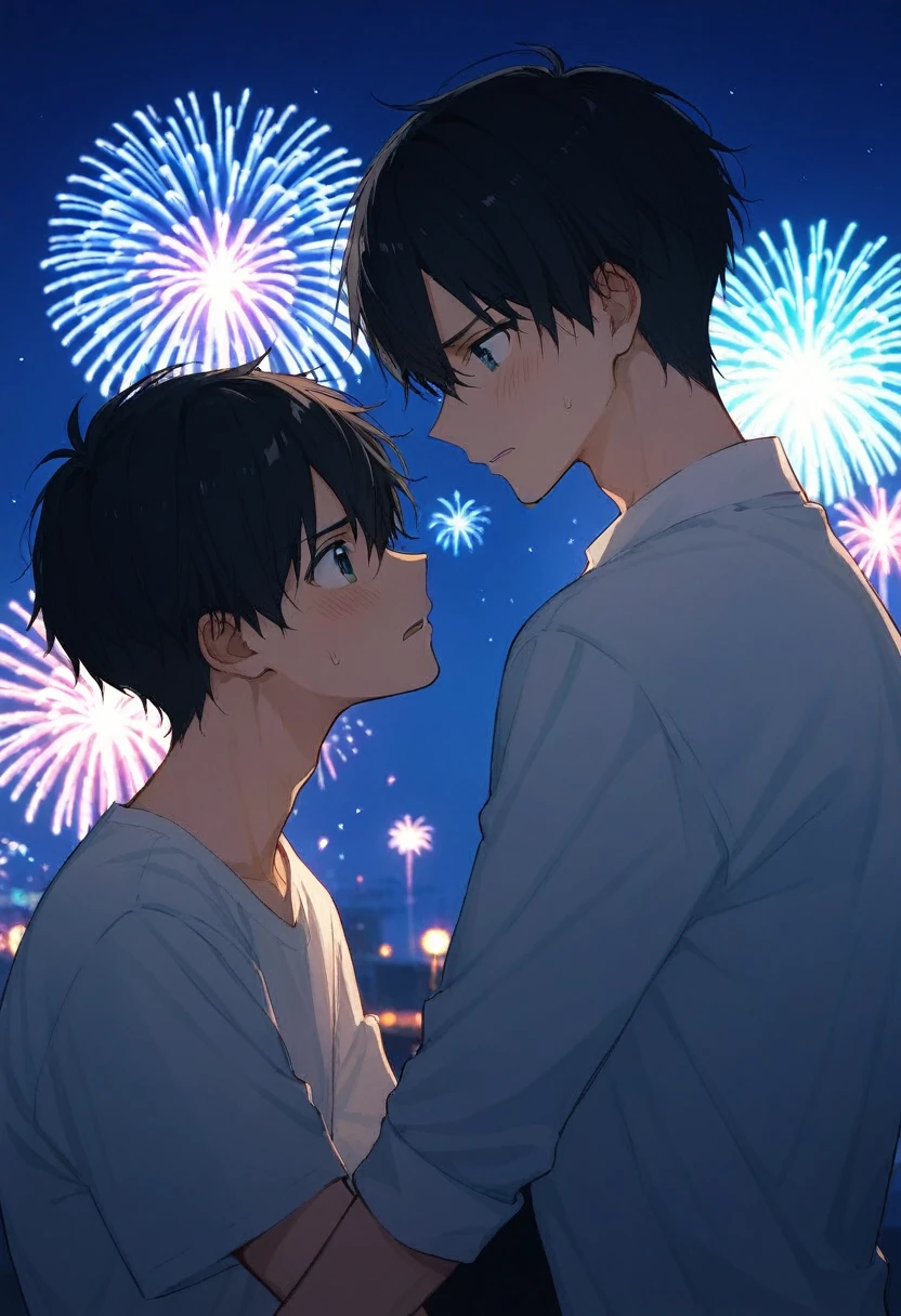 There are 2 men 。 The first man is a man like Kazuto Kirigaya and tall with dark hair、White shirt and black slacks  、Is confessing his love。The other man is shy with a man like Aether 。The situation is a first date between men 。 scene faces each other with fireworks in the background。High quality anime illustration 。 The colors are dramatic production that emphasizes contrast 。