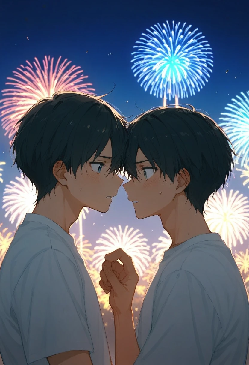 There are 2 men 。 The first man is a man like Kazuto Kirigaya and tall with dark hair、White shirt and black slacks  、Is confessing his love。The other man is shy with a man like Aether 。The situation is a first date between men 。 scene faces each other with fireworks in the background。High quality anime illustration 。 The colors are dramatic production that emphasizes contrast 。