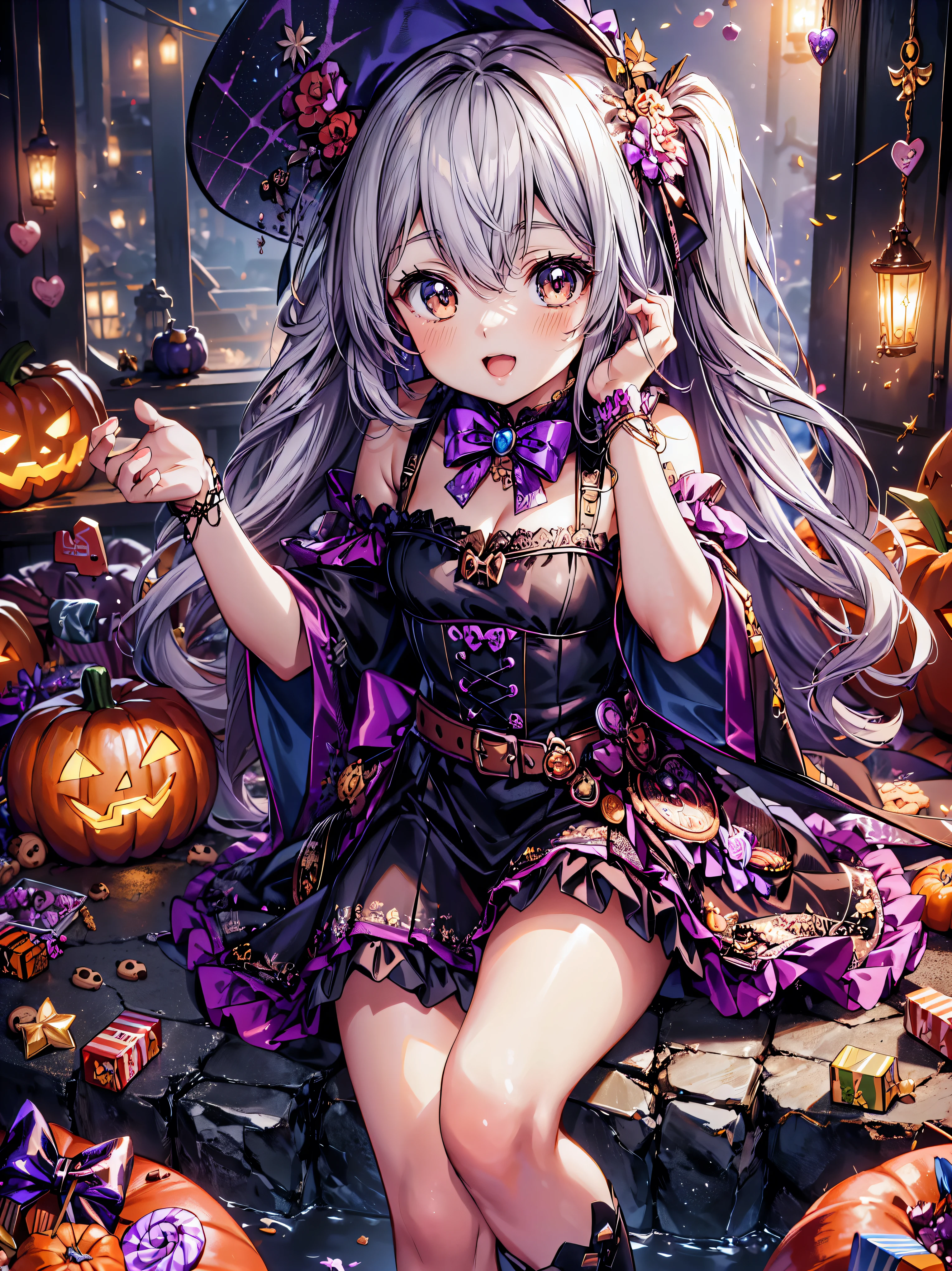 (( super high image quality )), ((Super detailed)), ((Best Quality)), Young woman,  Halloween , witch, witch's hat, lanthanum, 🎃, ((sweets, candy, cookie)), 
BREAK 
wavy hair, (((One-side-up))), happy smile, from front, sitting, (((Complete Hand))),  amazing digital paint , (anime moe art style:1.3),