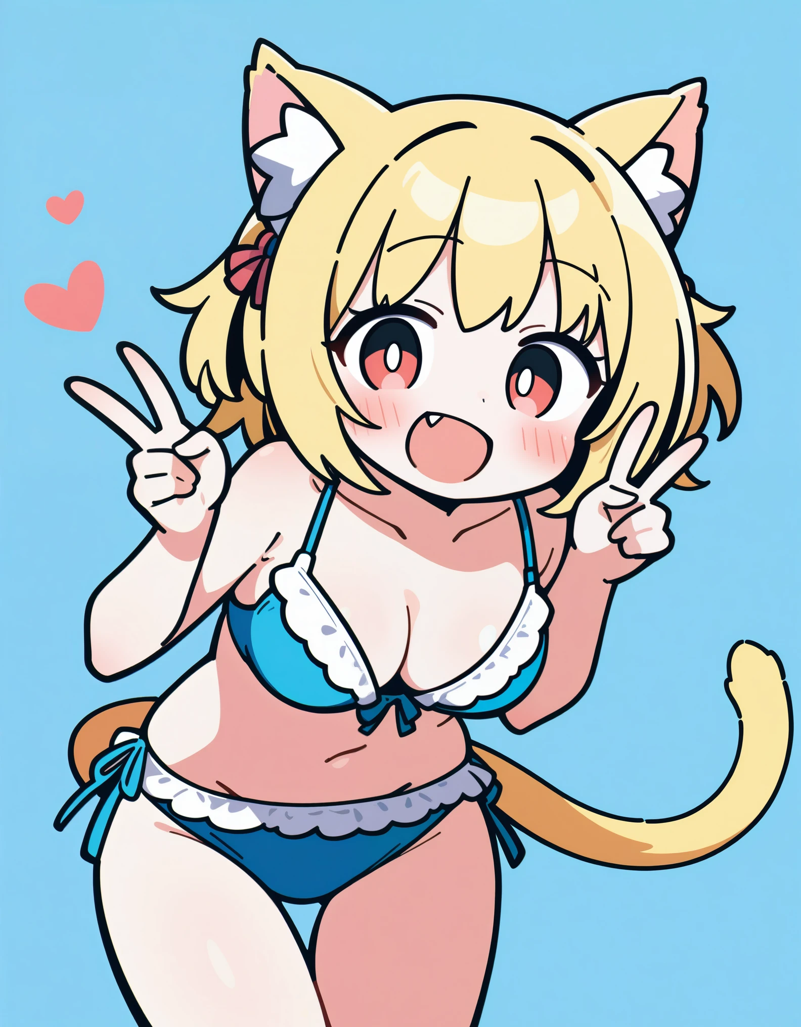 1girl, solo, breasts, blush, smile, short hair, open mouth, blonde hair, red eyes, navel, animal ears, cleavage, medium breasts, underwear, panties, tail, swimsuit, bikini, frills, fang, cat ears, bra, cat tail, v, thigh gap, underwear only, double v