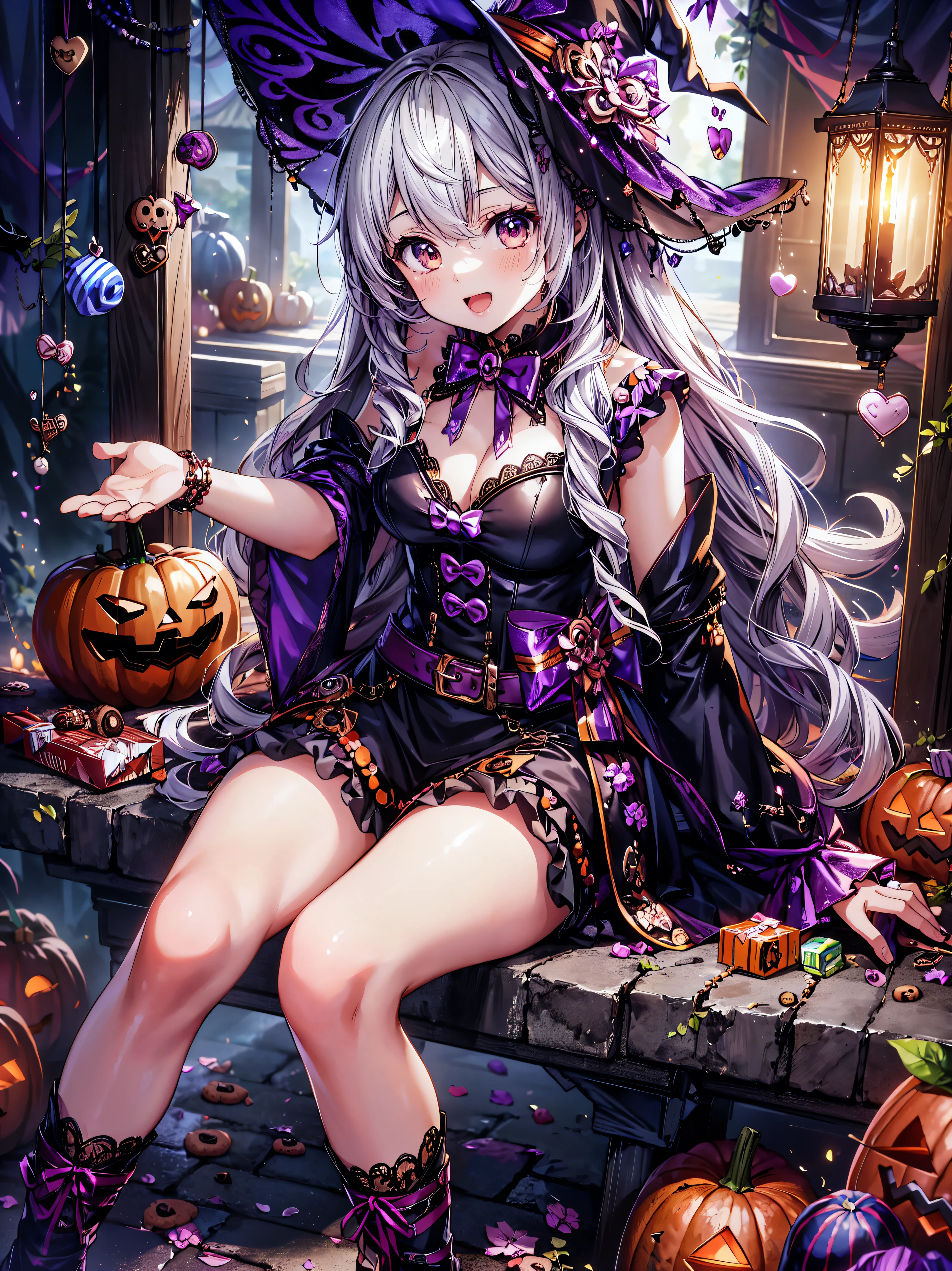 (( super high image quality )), ((Super detailed)), ((Best Quality)), Young woman,  Halloween , witch, witch's hat, lanthanum, 🎃, ((sweets, candy, cookie)), 
BREAK 
wavy hair, happy smile, from front, sitting, (((Complete Hand))),  amazing digital paint , (anime moe art style:1.3),