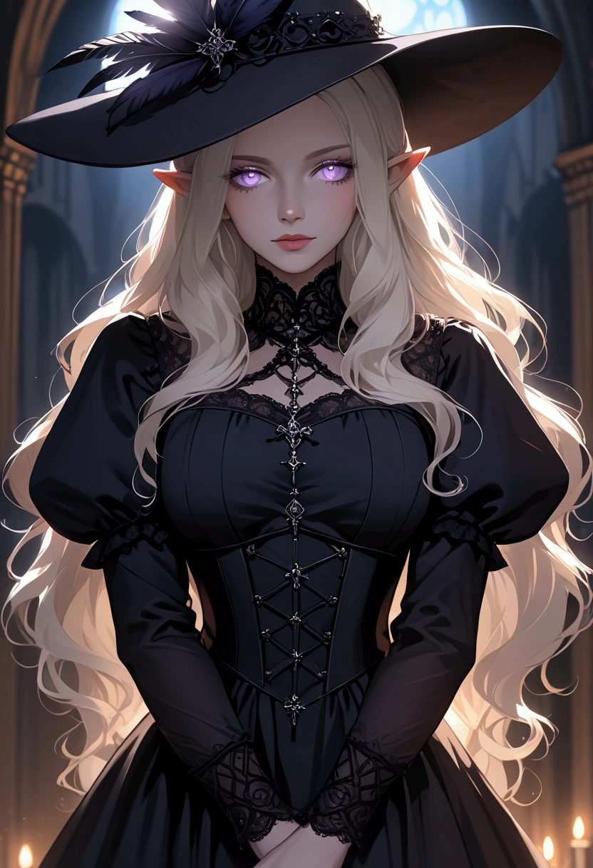 masterpiece, high quality, dark cinematic lighting, moonlight, cold colors, digital, anime, medieval, dark fantasy, smooth linework, close up, textured clothing, textured skin, beautiful face, beautiful lavender eyes, a woman with pale skin, curvy body pointed ears, platinum blonde hair, long hair, wearing a royal gothic black dress, long sleeve dress, wide brimmed hat, cavalier hat, black hat, feather in hat, she stands with her arms folded in a dark castle, at night, dark castle halls