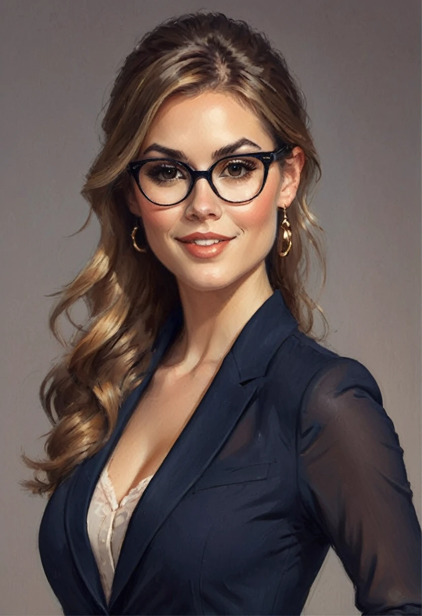 ((Realistic illustration:1.4)), ((full body:1.4)).Sexy 29 yo English woman with light brown hair with honey blonde highlights, hazel eyes, small natural breasts, amazing figure, perfect ass,((very pale:1.4)),. sweet smile. smoky eye, mascara, natural lip gloss, earrings, high heels, blazer, sheer lace top, pencil skirt, sexy professional, eyeglasses, ponytail, pantyhose