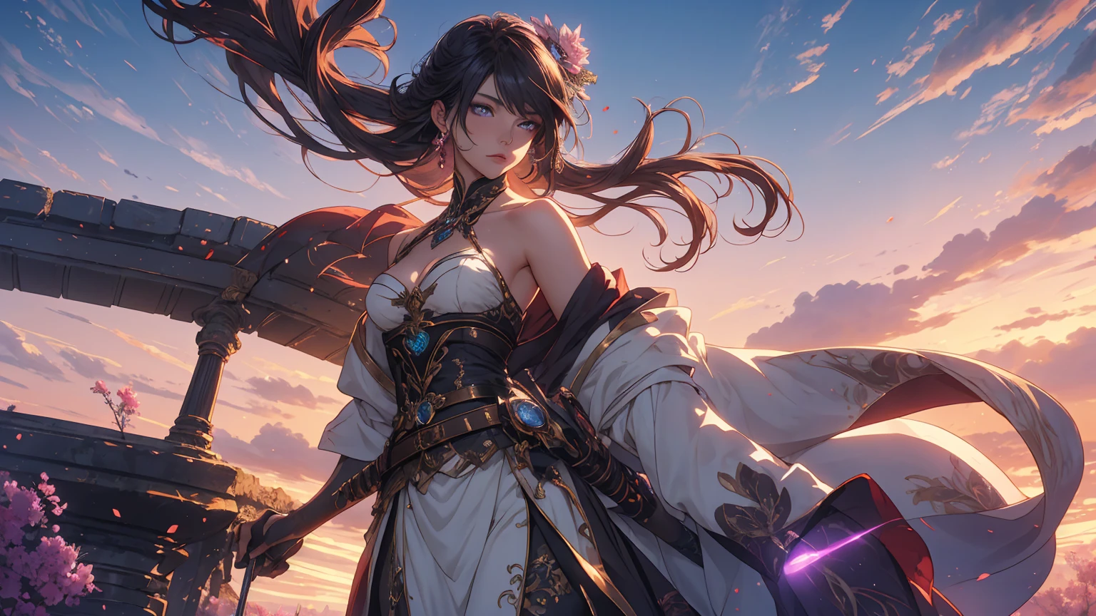 Enchanting Genshin Impact Anime Portrait: In a breathtaking, paradisiacal landscape, a stunning 16K HDR backdrop features distant mountains and an expansive field that stretches into the horizon, under a dramatic sky painted in hues of purple, blue, and pink. This enchanting setting serves as the perfect stage for the captivating scene. In the foreground, a beautiful 22-year-old European female warrior, appearing to be Russian, stands alone, depicted from the waist up. She radiates an enigmatic and charming aura, facing the viewer with a playful, dynamic pose that flirts with the camera. Her large, expressive blue eyes are realistic and intricately detailed, complemented by defined cheekbones and a square chin. Red rose tattoos adorn her shoulders and forearms, enhancing her striking presence. Armed with a sword and an intricately designed dagger, she embodies both elegance and strength. Her flawless, porcelain-smooth skin glows softly, and her long silver hair cascades elegantly around her shoulders. Dressed in modest yet practical attire suited for a warrior, the lighting from the front accentuates her high-quality, realistic features, while rich colors and realistic shadows bring depth to her character. This artwork features 2.5D CGI anime fantasy art, with detailed 2D digital fantasy art, capturing the epic fantasy art style in HD. It showcases anime fantasy illustration and emphasizes the epic fantasy art style with high-quality digital art, presented in 4K resolution. This illustration expertly blends the fine details of Genshin Impact anime aesthetics with an enchanting, otherworldly realm, inviting viewers into a vibrant, rich world that perfectly balances realism and mysterious charm, all while showcasing the solitary beauty of the warrior.