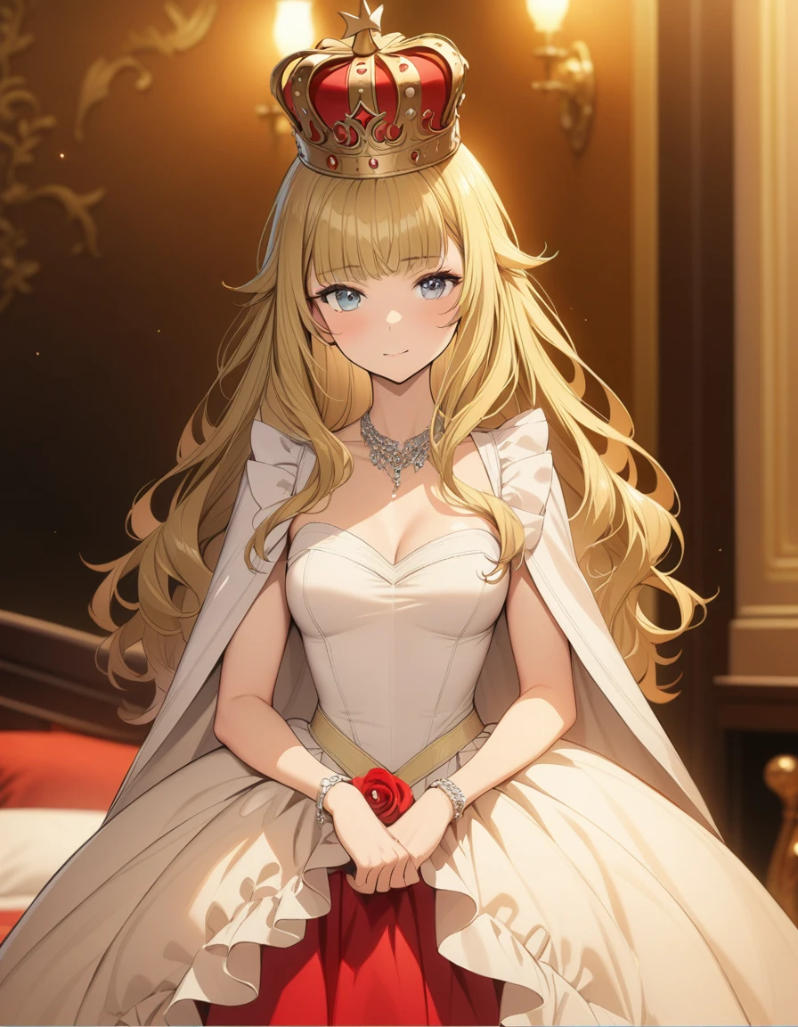 ((masterpiece)),(((best quality))),((ultra-detailed)),((illustration)),((disheveled hair)),((frills)),(1 girl),(solo),In a luxurious room, a beautifully dressed female character stands. She wears a crown atop her head, and her gorgeous dress combines shades of red and light green. The dress features ruffles at the shoulders and a large yellow ribbon at the hem. Her medium, wavy, and curly hair is rendered with realistic color and texture., blonde_hair, grey_eyes，Corsage on the right