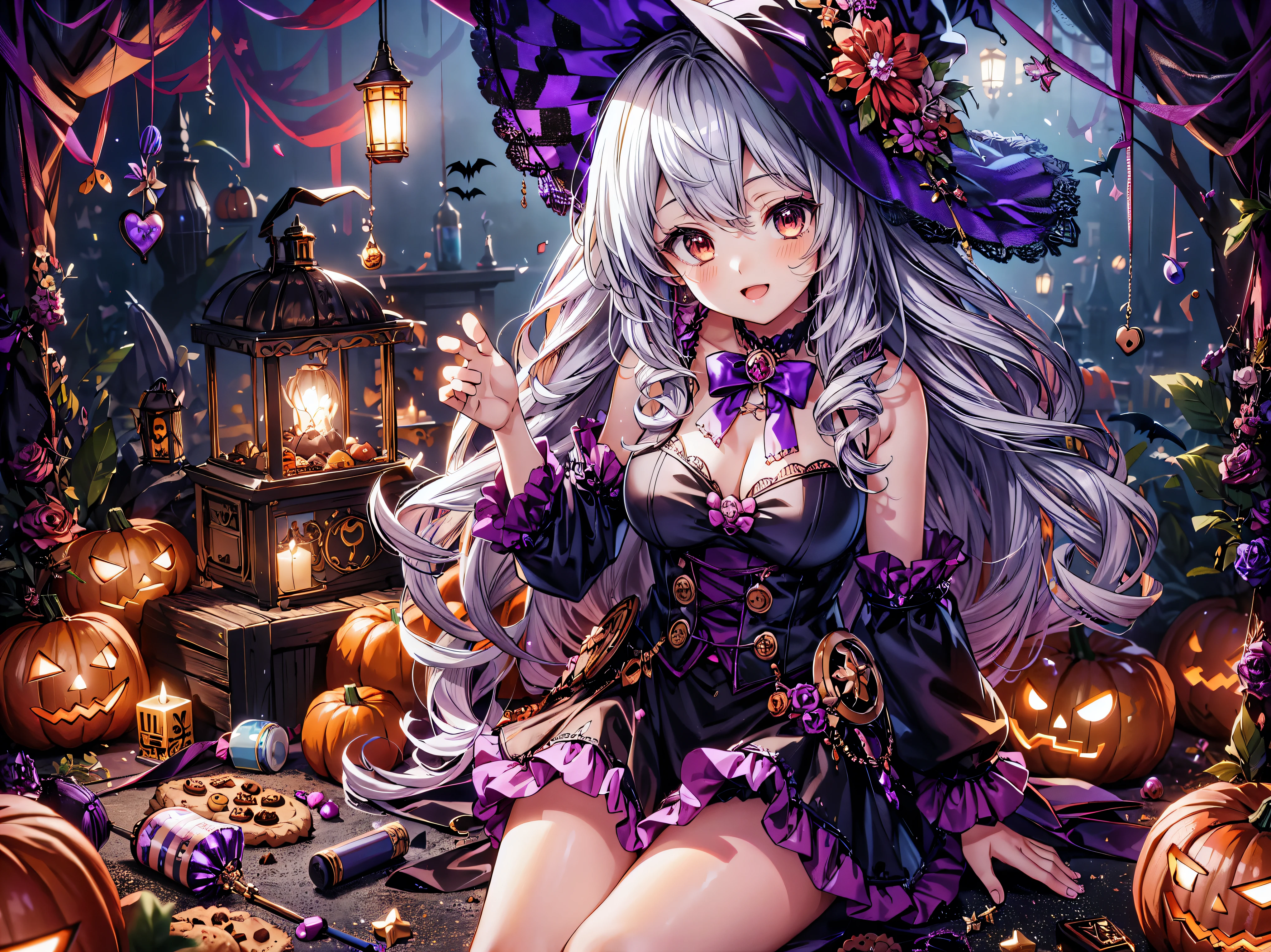 (( super high image quality )), ((Super detailed)), ((Best Quality)), Young woman,  Halloween , witch, witch's hat, lanthanum, 🎃, ((sweets, candy, cookie)), 
BREAK 
wavy hair, happy smile, from front, sitting, (((Complete Hand))),  amazing digital paint , (anime moe art style:1.3),