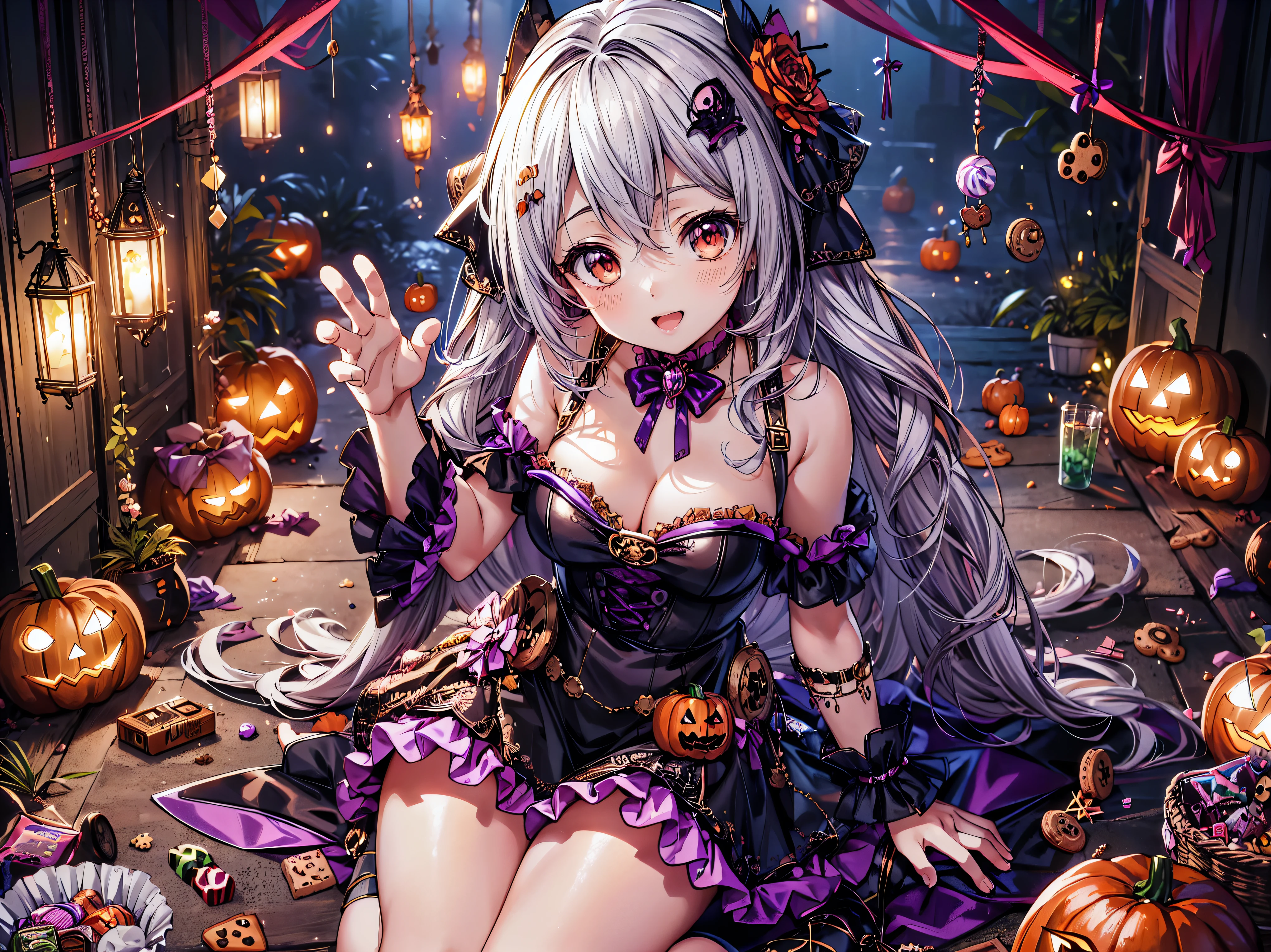 (( super high image quality )), ((Super detailed)), ((Best Quality)), Young woman,  Halloween , witch, witch's hat, lanthanum, 🎃, ((sweets, candy, cookie)), 
BREAK 
wavy hair, happy smile, from front, sitting, (((Complete Hand))),  amazing digital paint , (anime moe art style:1.3),